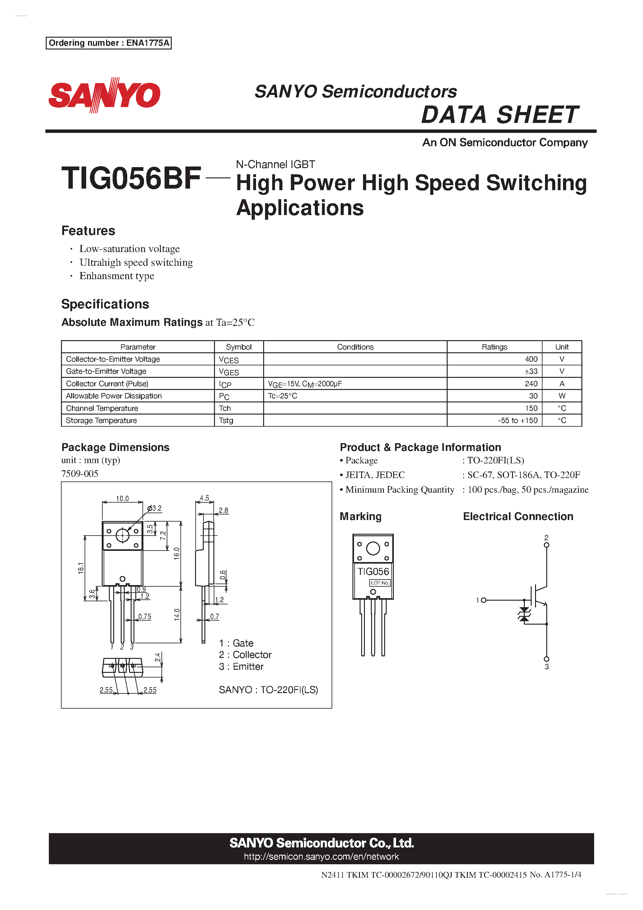 Datasheet TIG056BF - N-Channel IGBT page 1