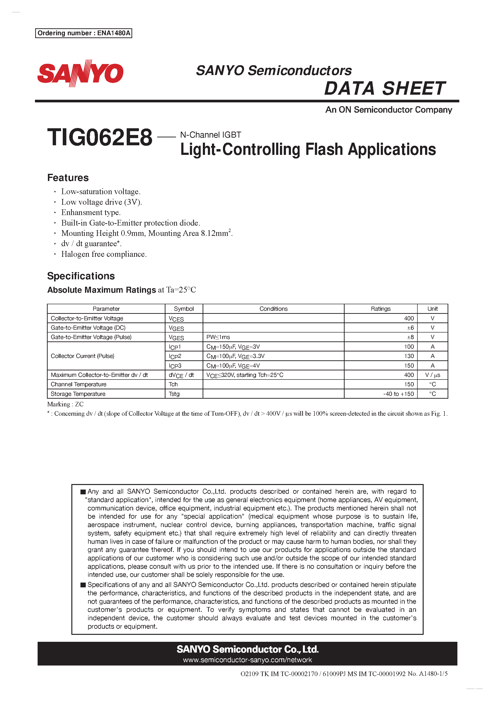 Datasheet TIG062E8 page 1 Datasheet TIG062E8 - N-Channel IGBT page 1