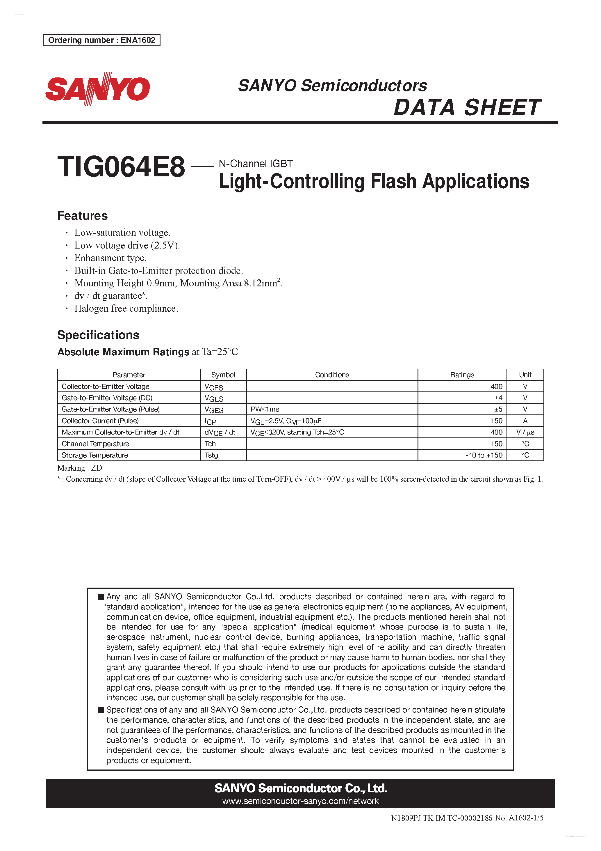 Datasheet TIG064E8 page 1 Datasheet TIG064E8 - N-Channel IGBT page 1