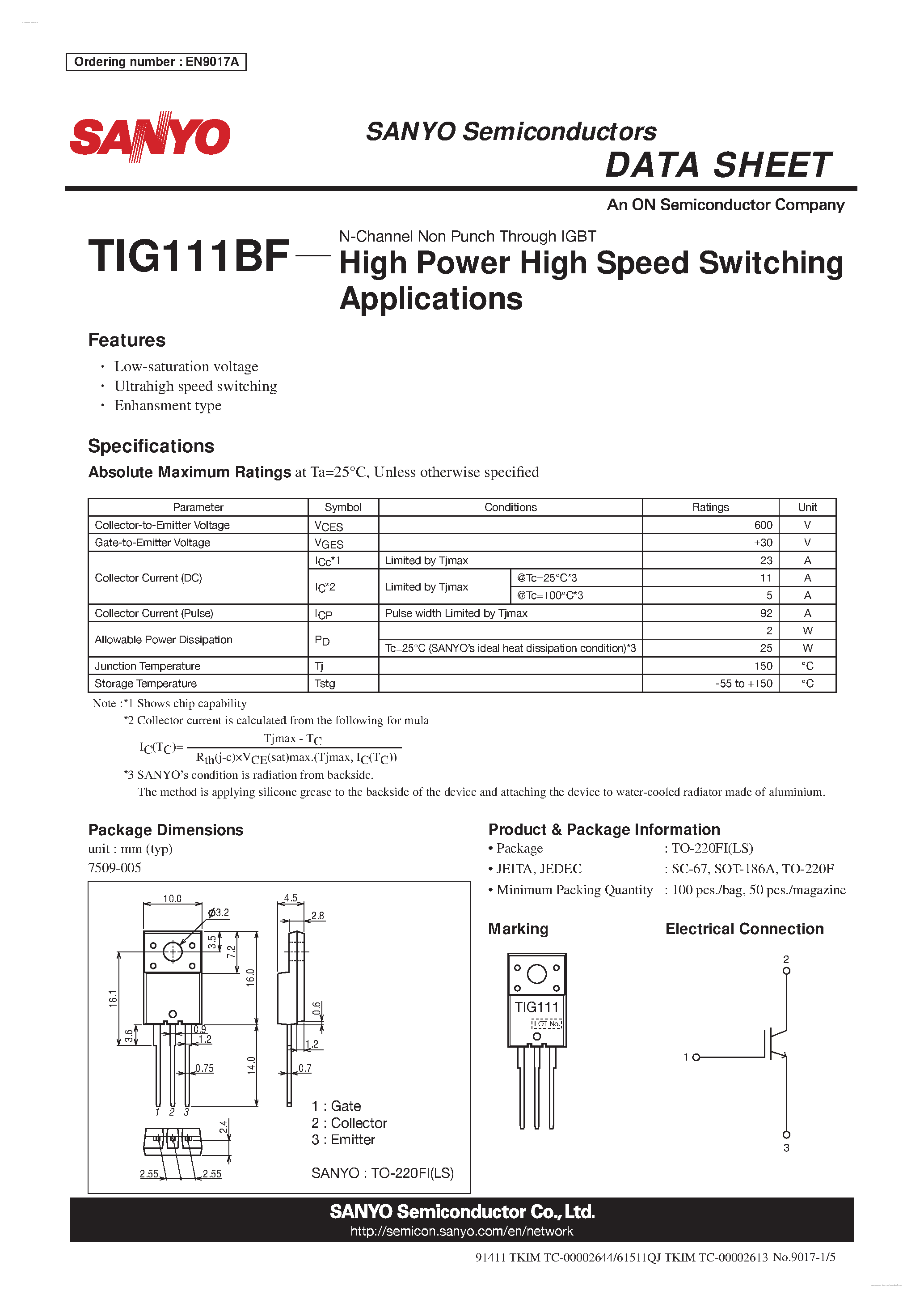 Datasheet TIG111BF - N-Channel Non Punch Through IGBT page 1