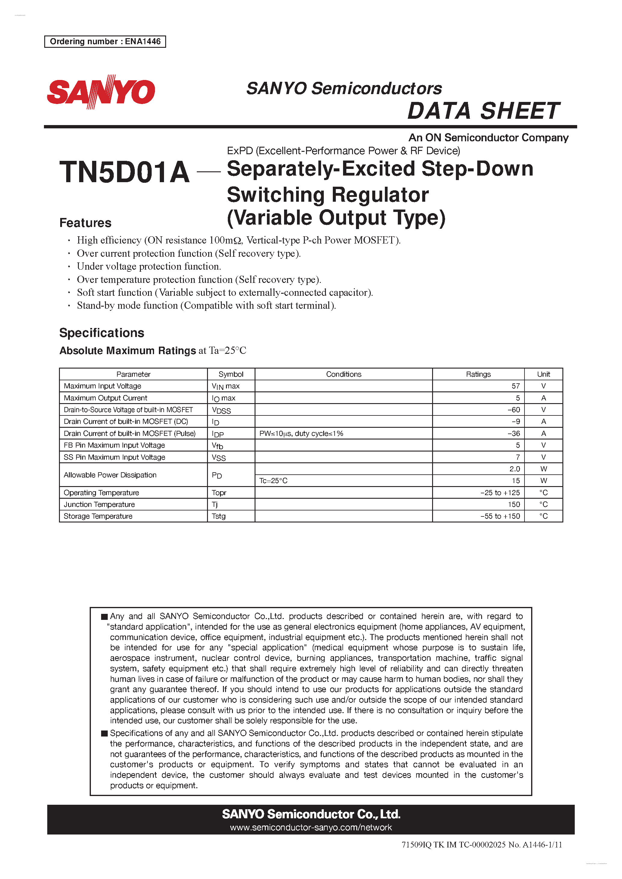 Datasheet TN5D01A page 1 Datasheet TN5D01A - Separately-Excited Step-Down Switching Regulator page 1