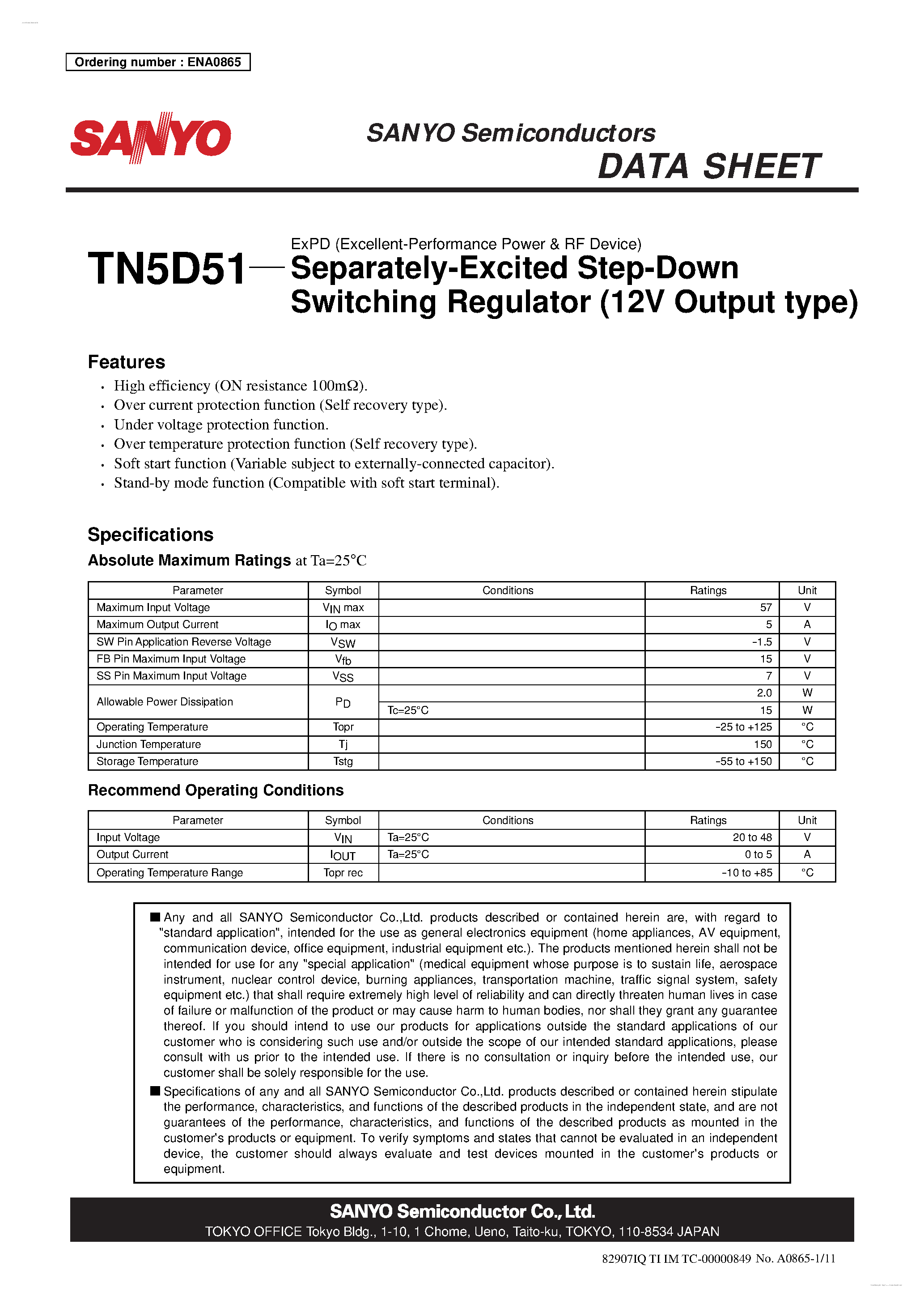Datasheet TN5D51 - Separately-Excited Step-Down Switching Regulator page 1