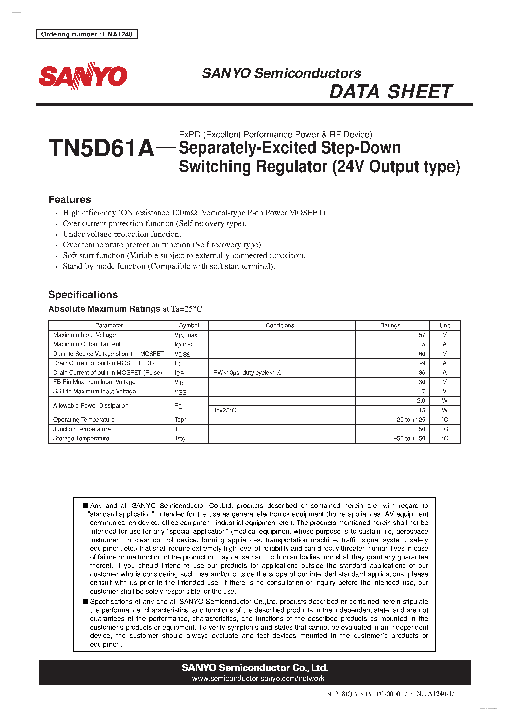 Datasheet TN5D61A - Separately-Excited Step-Down Switching Regulator page 1