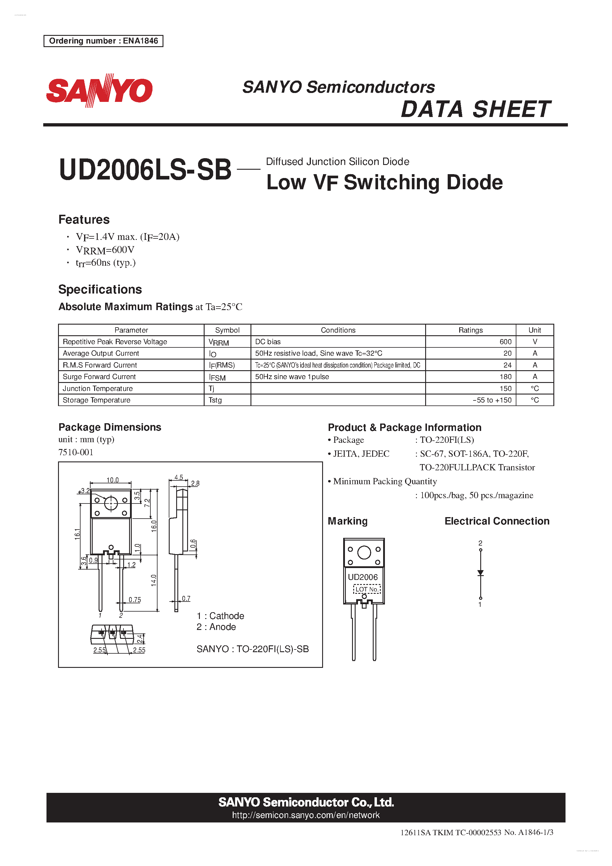 Datasheet UD2006LS-SB page 1 Datasheet UD2006LS-SB - Low VF Switching Diode page 1