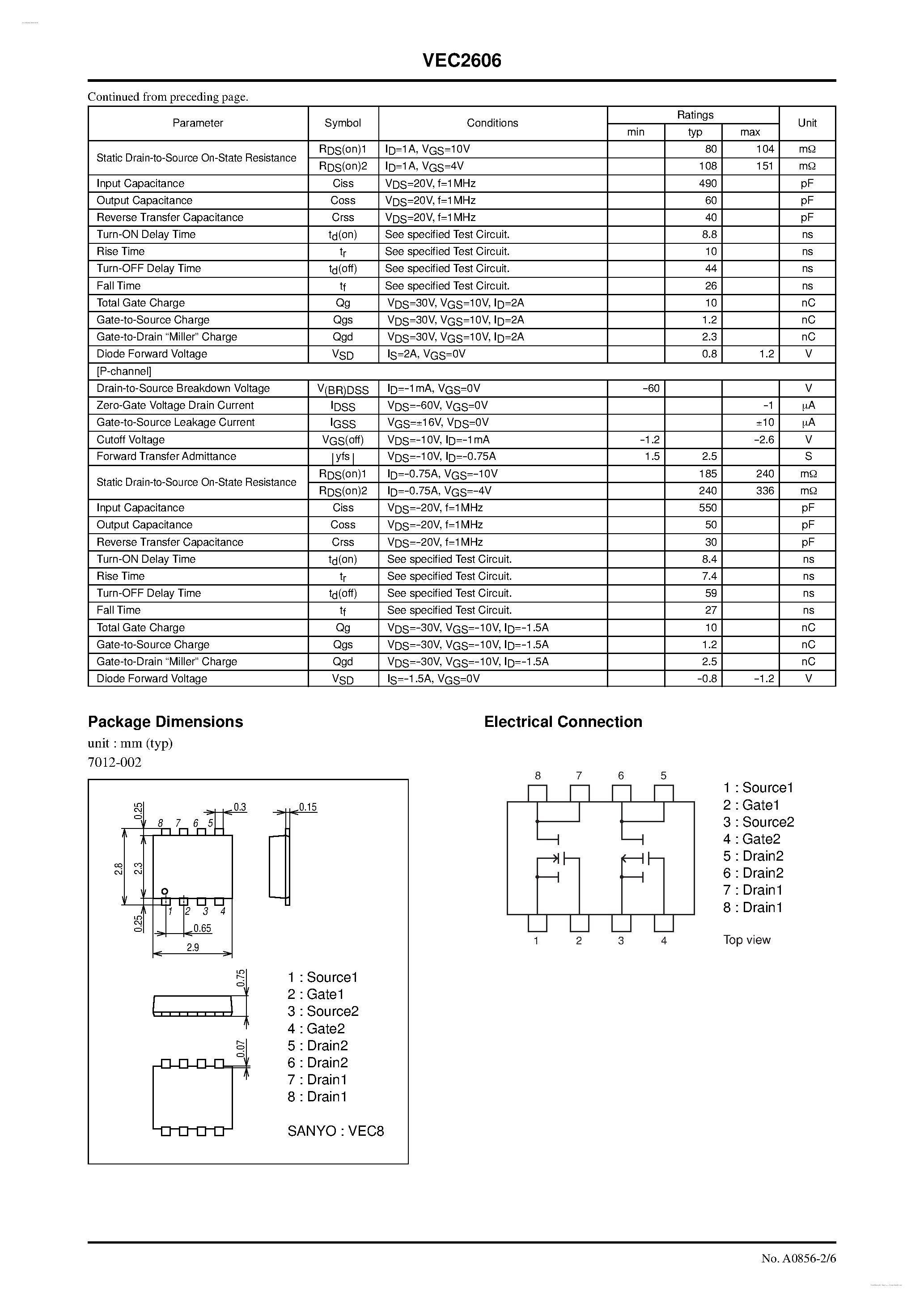 Даташит на микросхему VEC2606 страница 2 Даташит VEC2606 - N-Channel and P-Channel Silicon MOSFETs страница 2