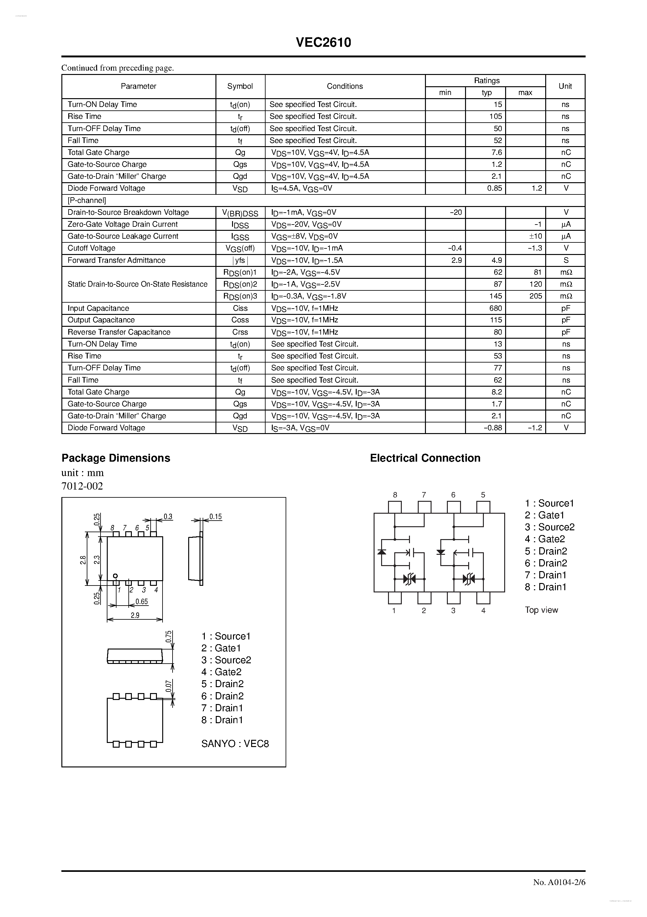 Даташит на микросхему VEC2610 страница 2 Даташит VEC2610 - N-Channel and P-Channel Silicon MOSFETs страница 2