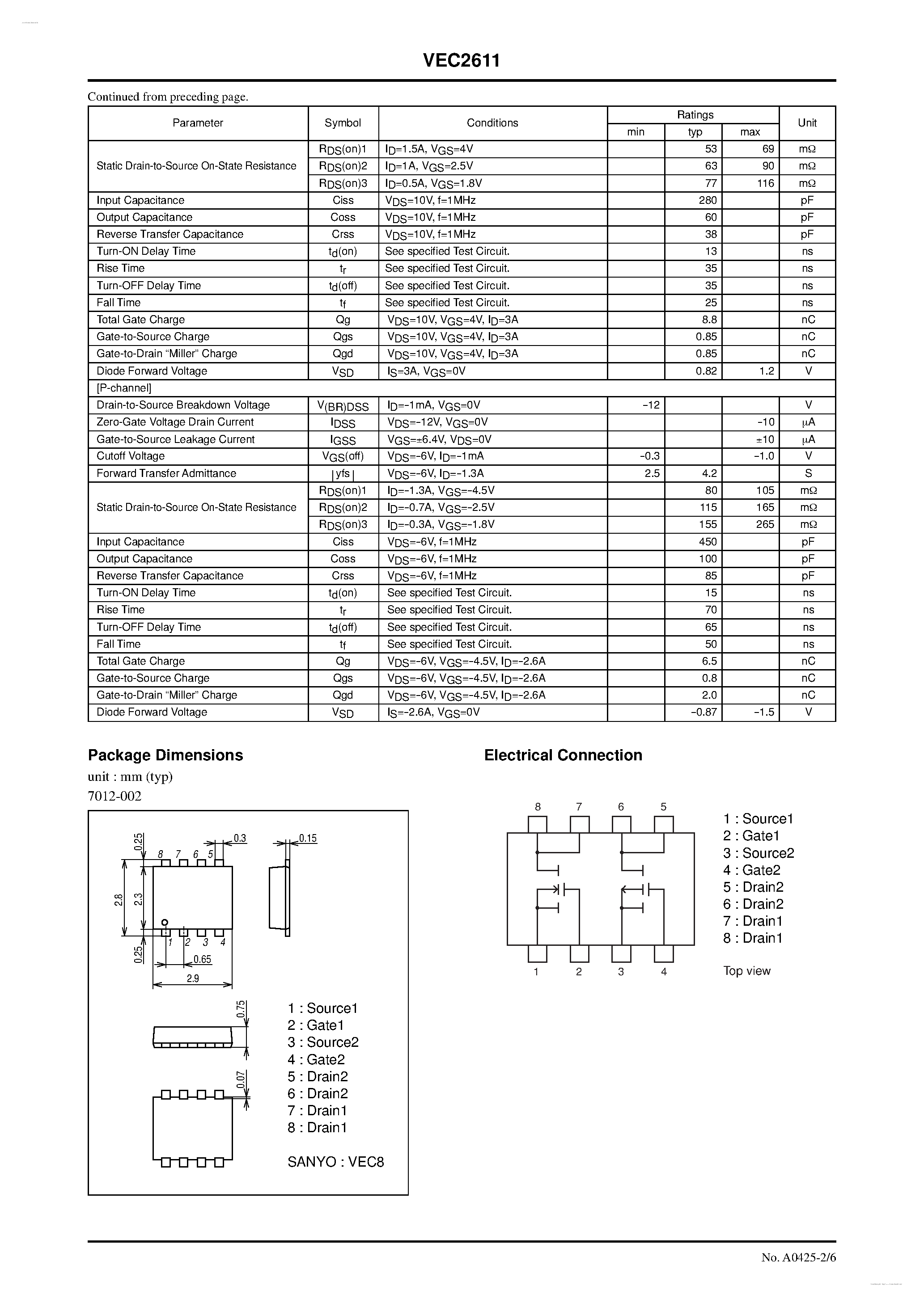 Даташит на микросхему VEC2611 страница 2 Даташит VEC2611 - N-Channel and P-Channel Silicon MOSFETs страница 2