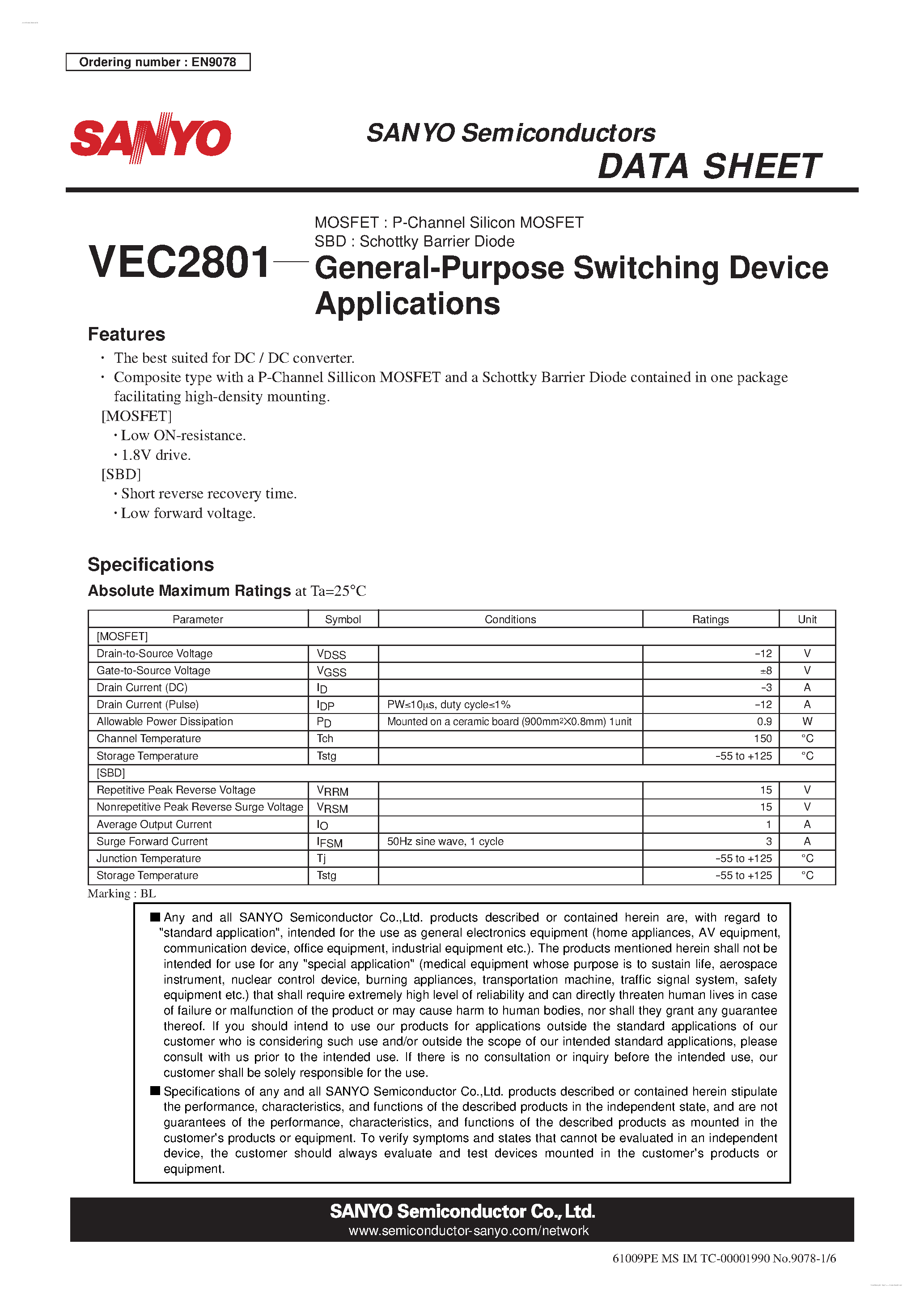 Datasheet VEC2801 - P-Channel Silicon MOSFET / Schottky Barrier Diode page 1