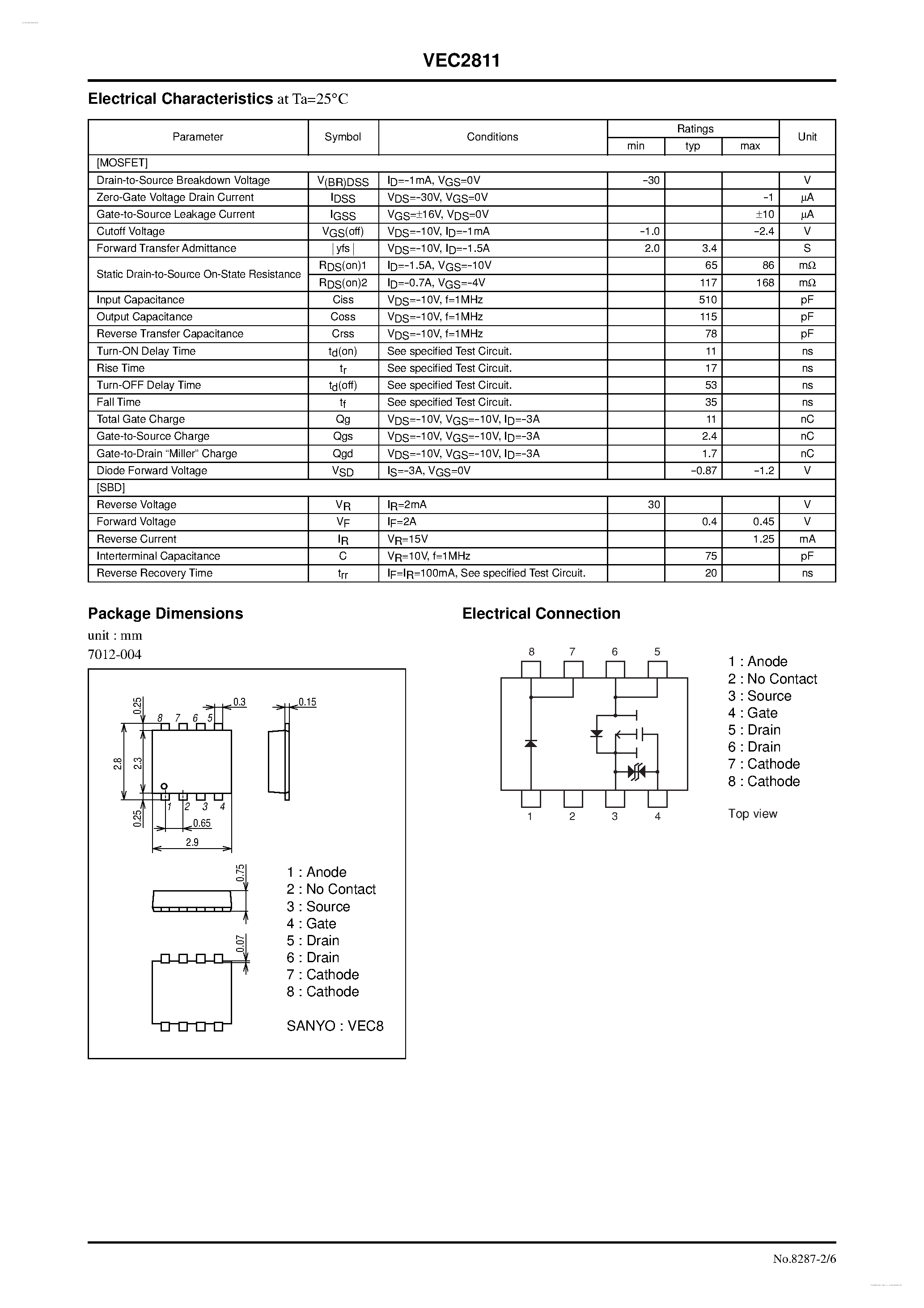 Даташит на микросхему VEC2811 страница 2 Даташит VEC2811 - P-Channel Silicon MOSFET / Schottky Barrier Diode страница 2