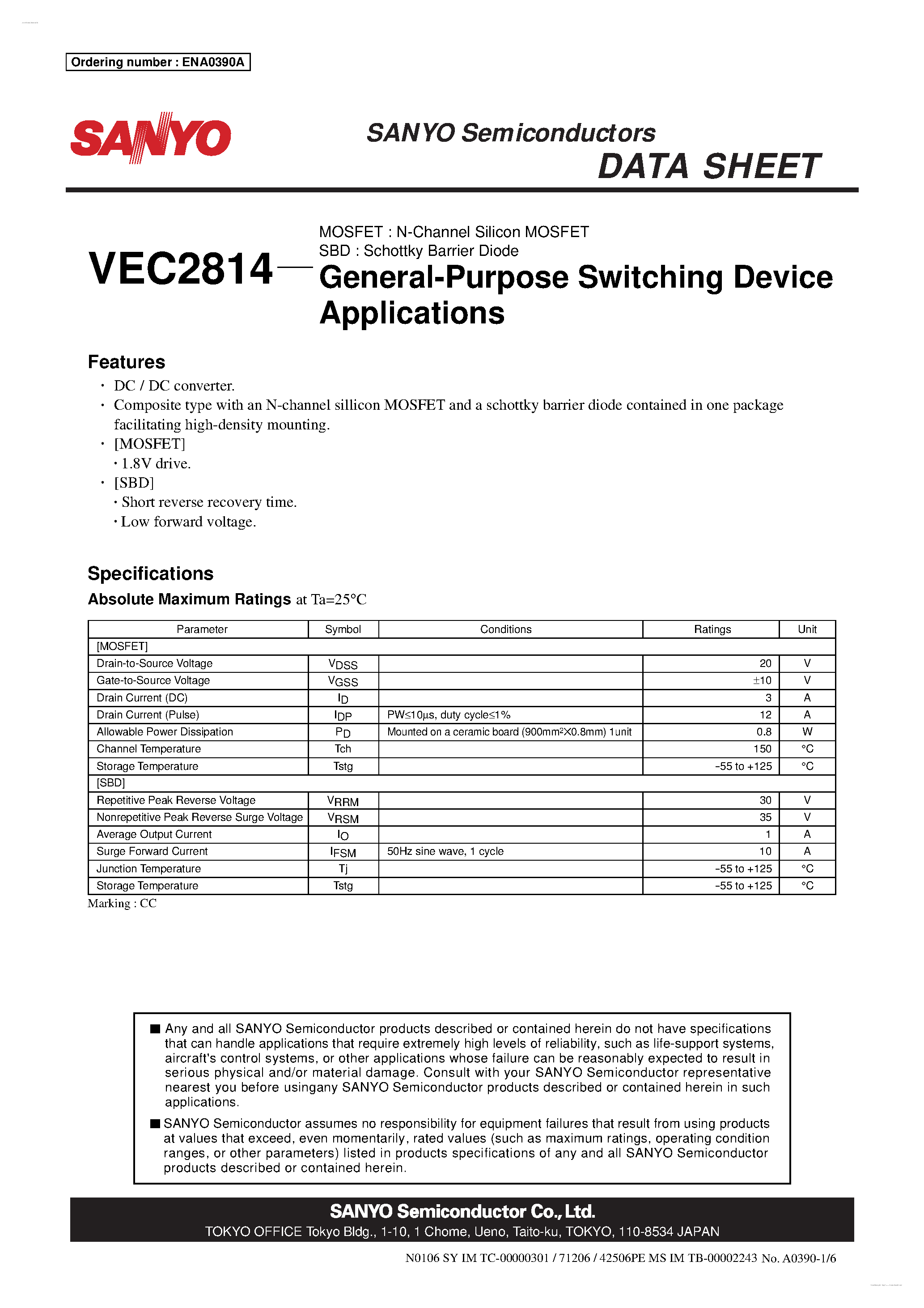 Datasheet VEC2814 - N-Channel Silicon MOSFET / Schottky Barrier Diode page 1