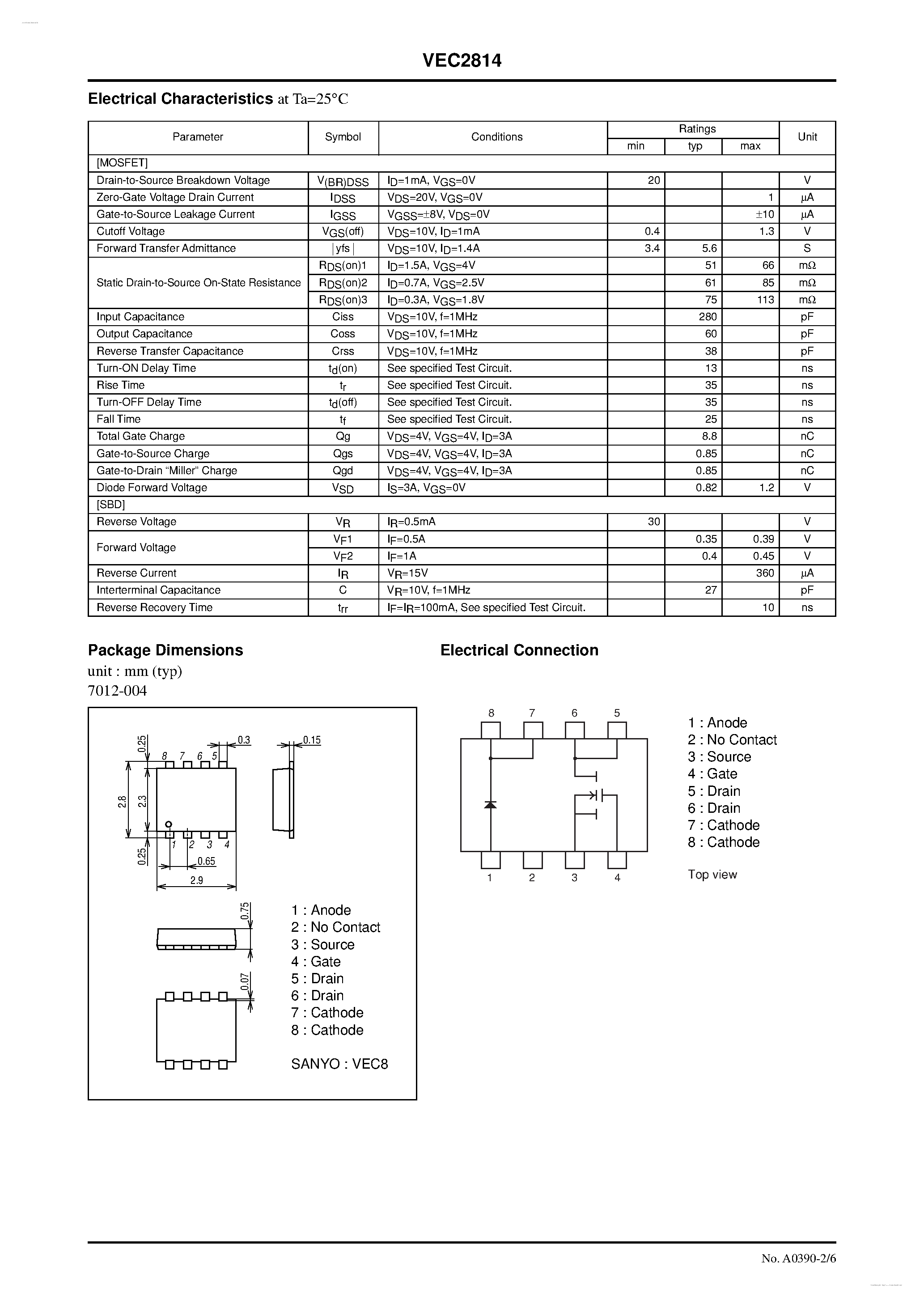 Datasheet VEC2814 - N-Channel Silicon MOSFET / Schottky Barrier Diode page 2
