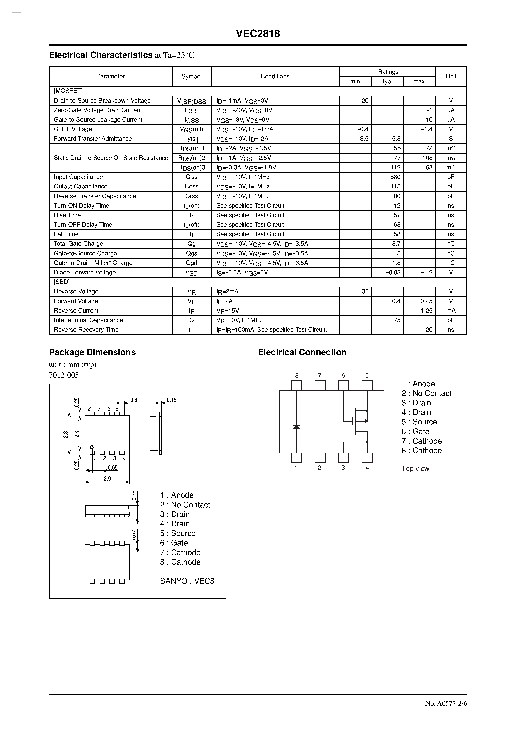 Даташит VEC2818 - P-Channel Silicon MOSFET / Schottky Barrier Diode страница 2