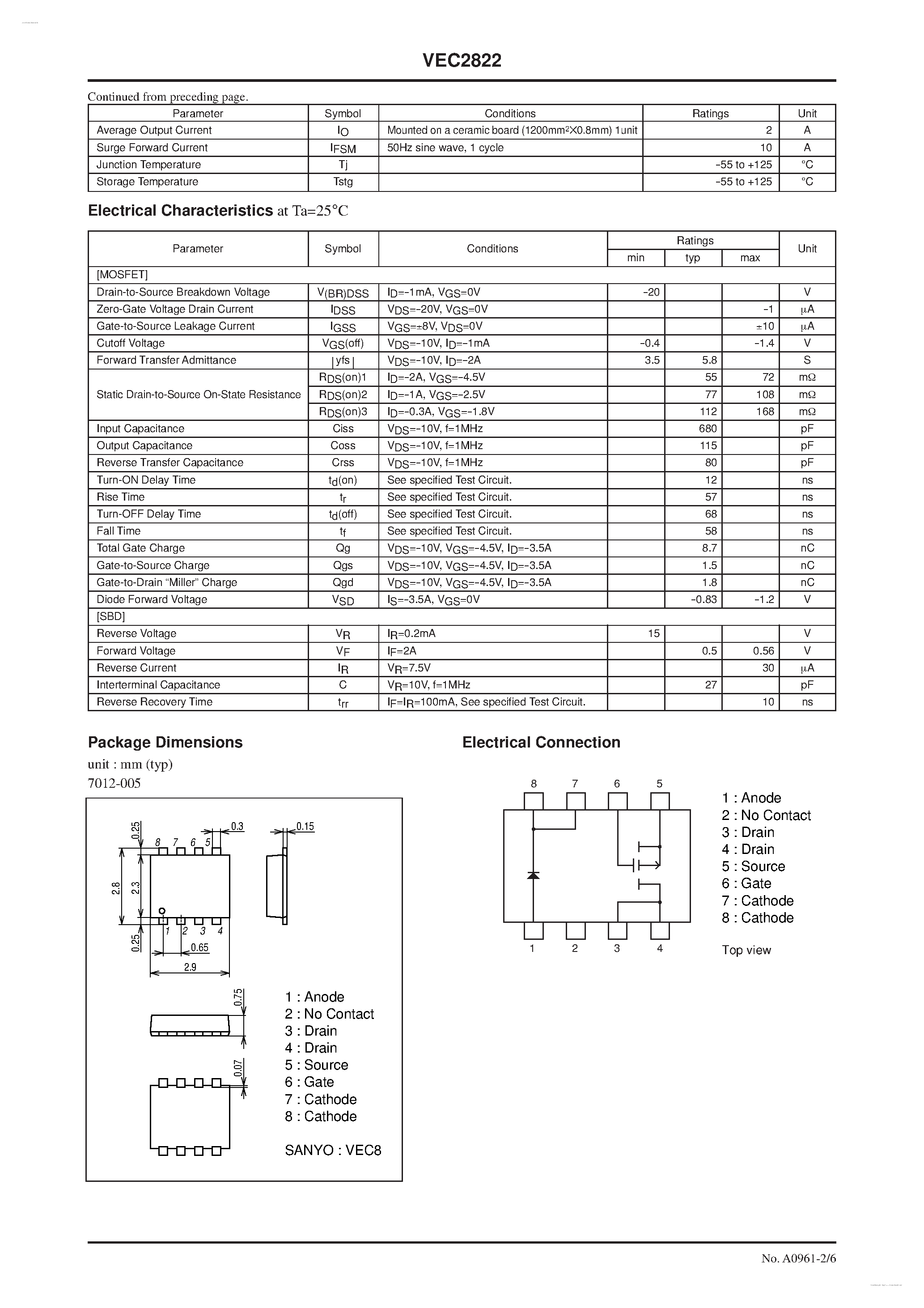 Даташит на микросхему VEC2822 страница 2 Даташит VEC2822 - P-Channel Silicon MOSFET / Schottky Barrier Diode страница 2