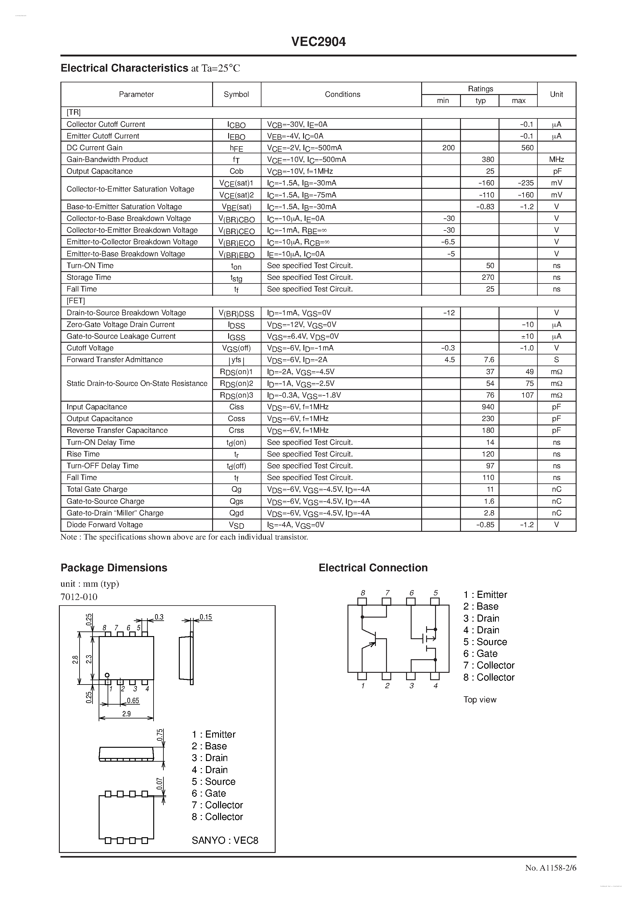 Даташит на микросхему VEC2904 страница 2 Даташит VEC2904 - P-Channel Silicon MOSFET страница 2