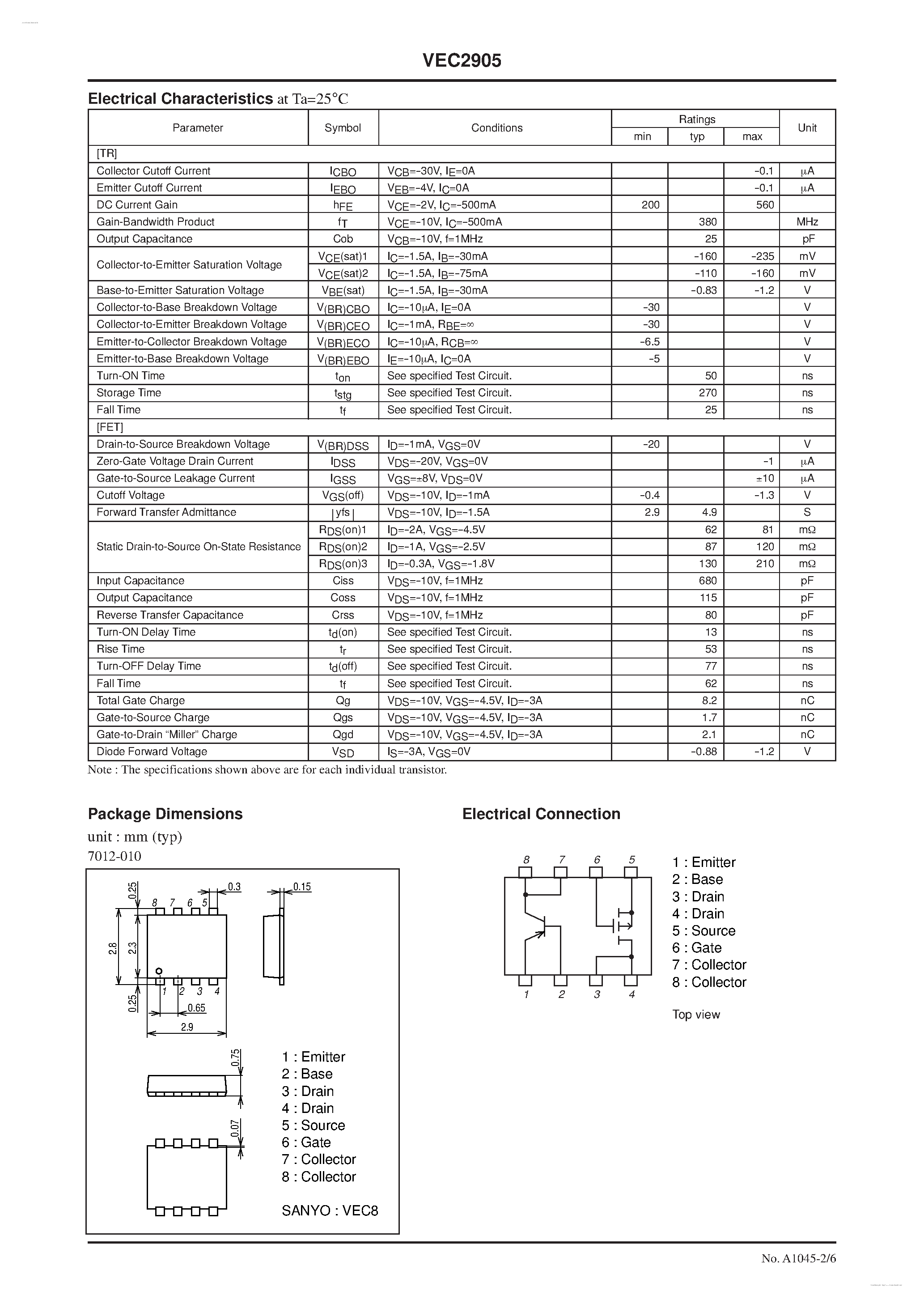 Даташит на микросхему VEC2905 страница 2 Даташит VEC2905 - P-Channel Silicon MOSFET страница 2
