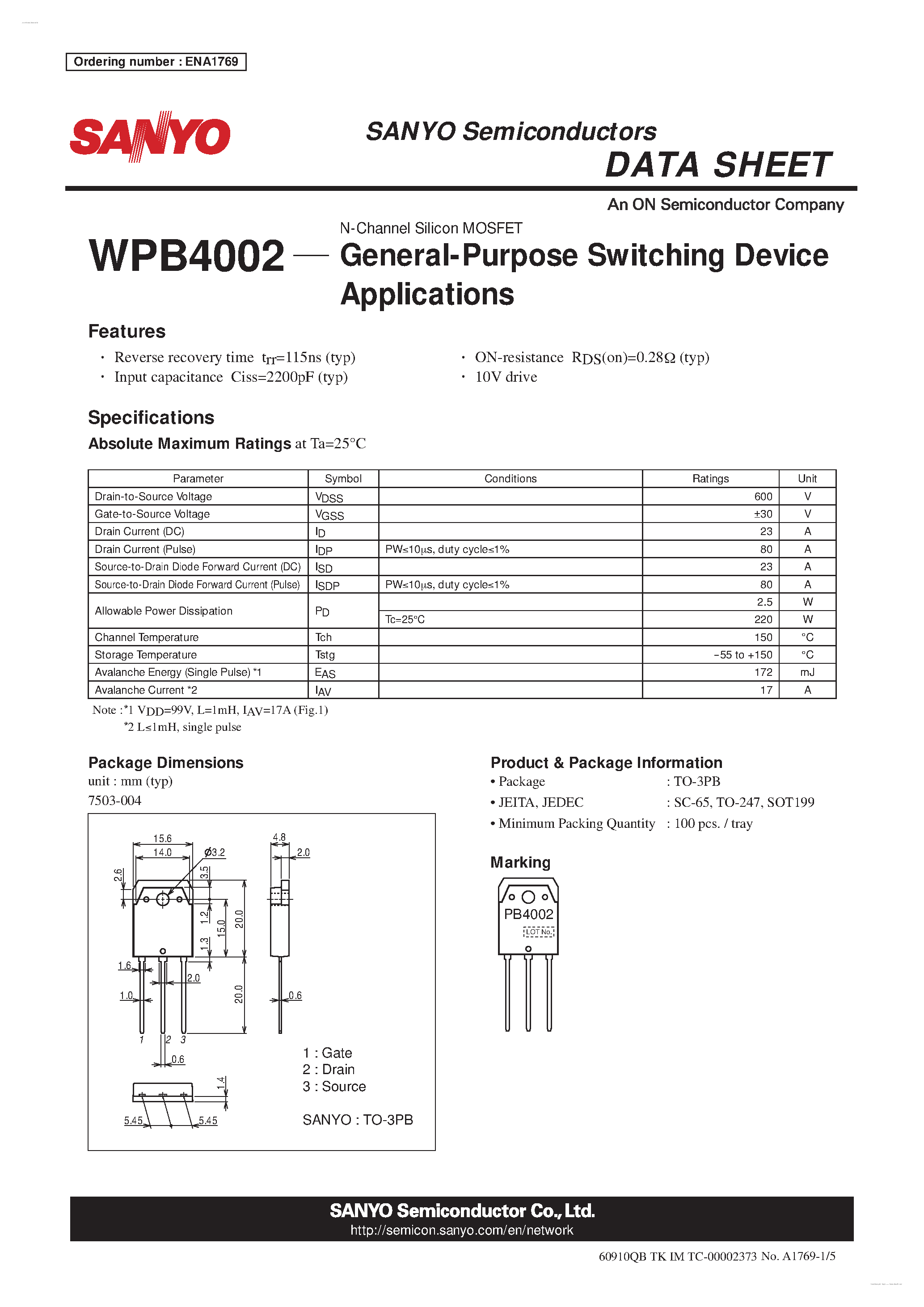 Datasheet WPB4002 page 1 Datasheet WPB4002 - N-Channel Silicon MOSFET page 1