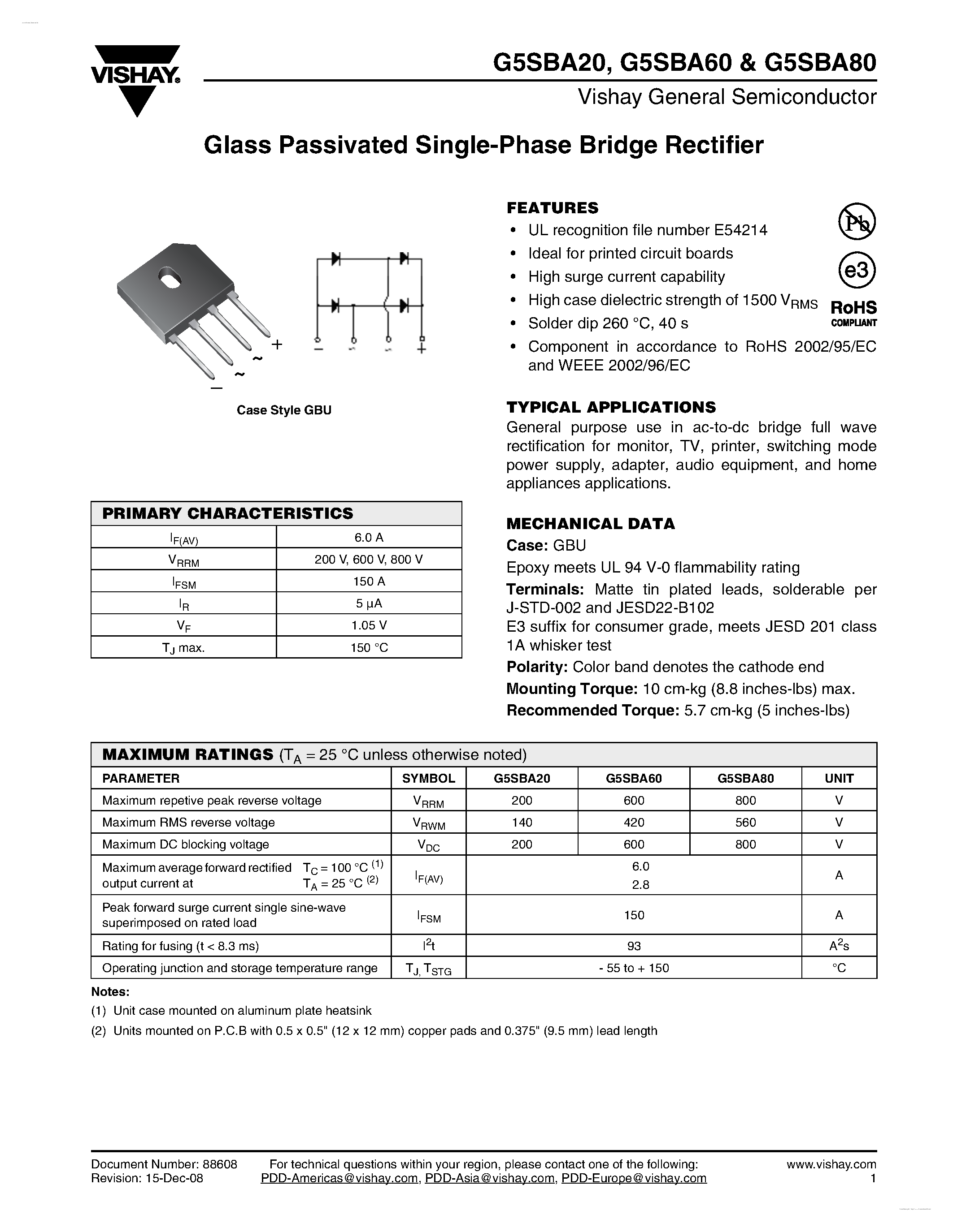 Datasheet G5SBA80 page 1 Datasheet G5SBA80 - Glass Passivated Single-Phase Bridge Rectifier page 1