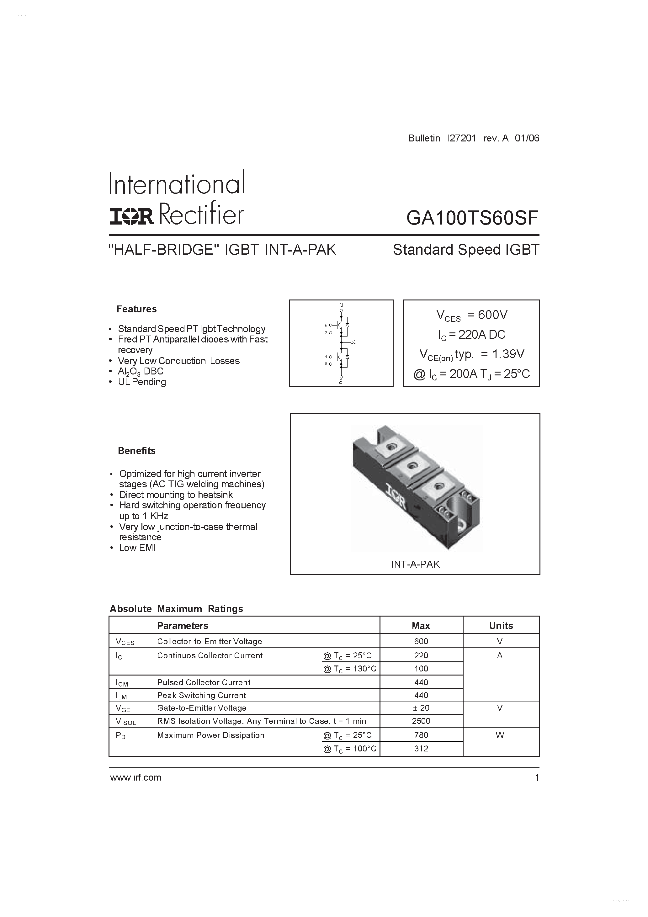 Даташит на микросхему GA100TS60SF страница 1 Даташит GA100TS60SF - Standard Speed IGBT страница 1
