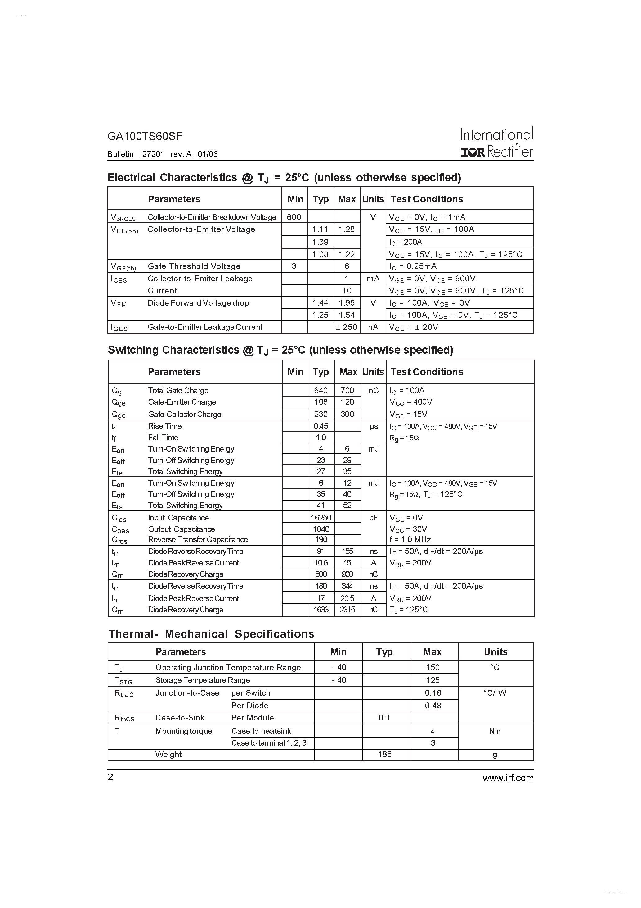 Даташит на микросхему GA100TS60SF страница 2 Даташит GA100TS60SF - Standard Speed IGBT страница 2