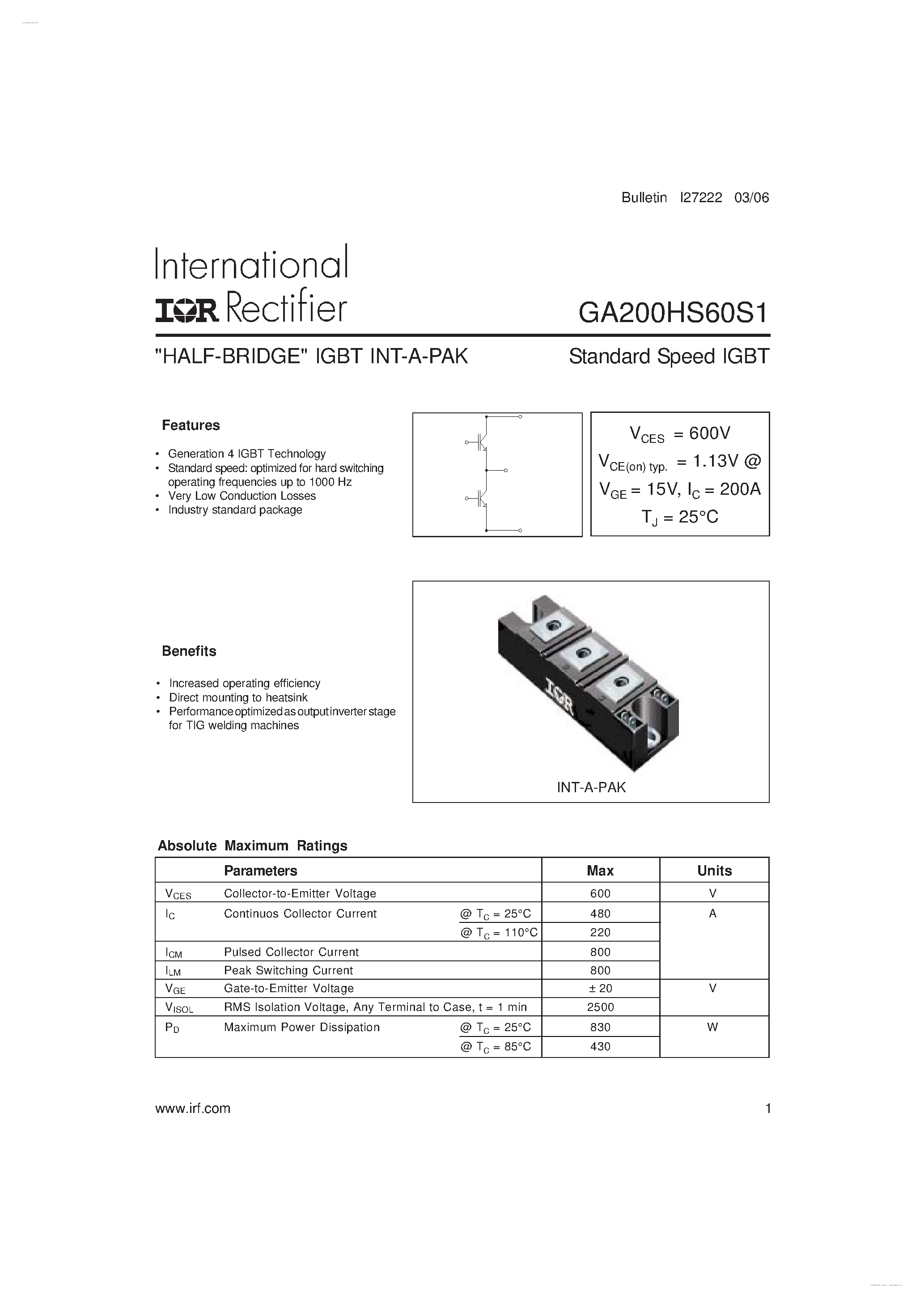 Даташит GA200HS60S1 - Standard Speed IGBT страница 1