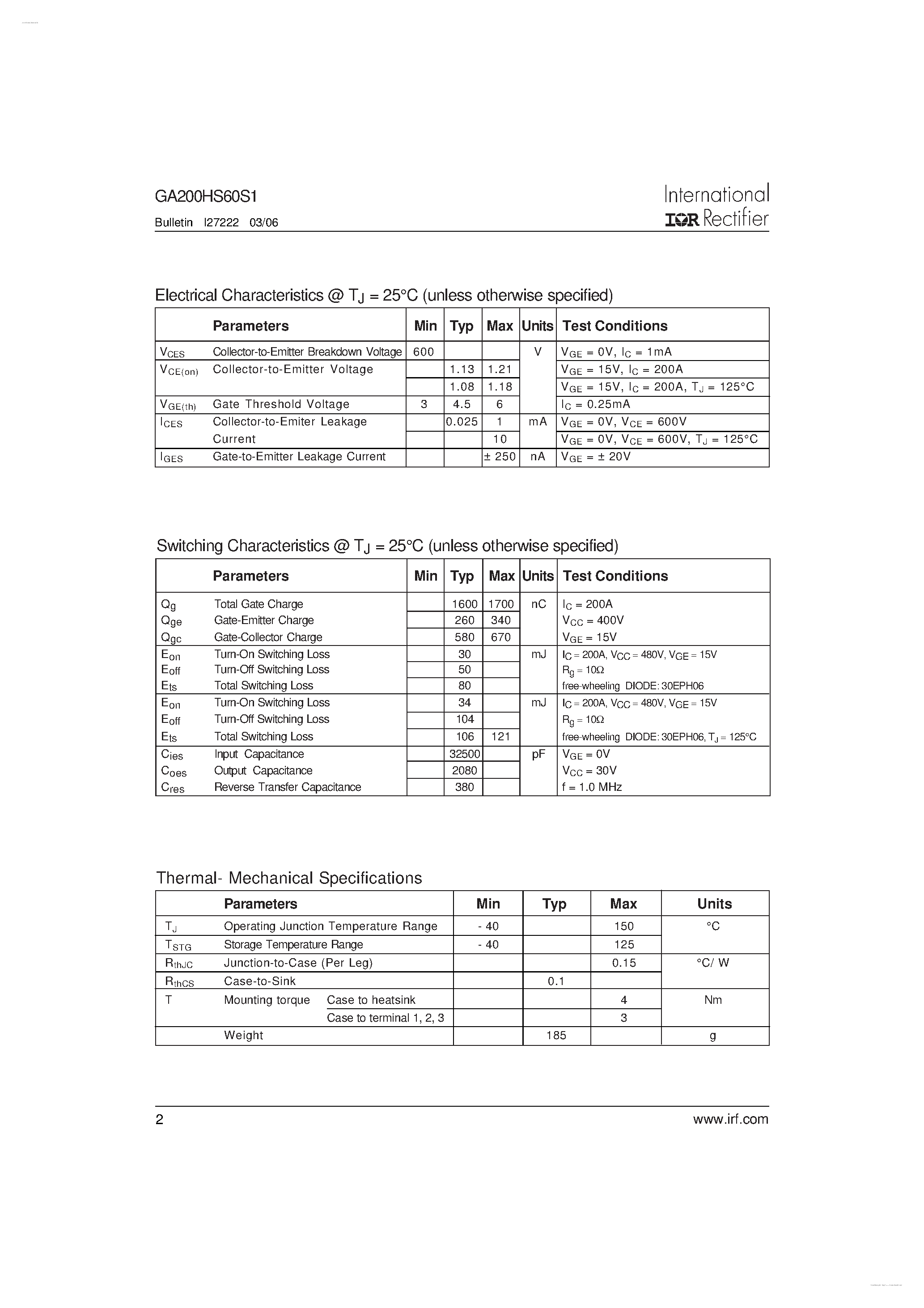 Даташит GA200HS60S1 - Standard Speed IGBT страница 2