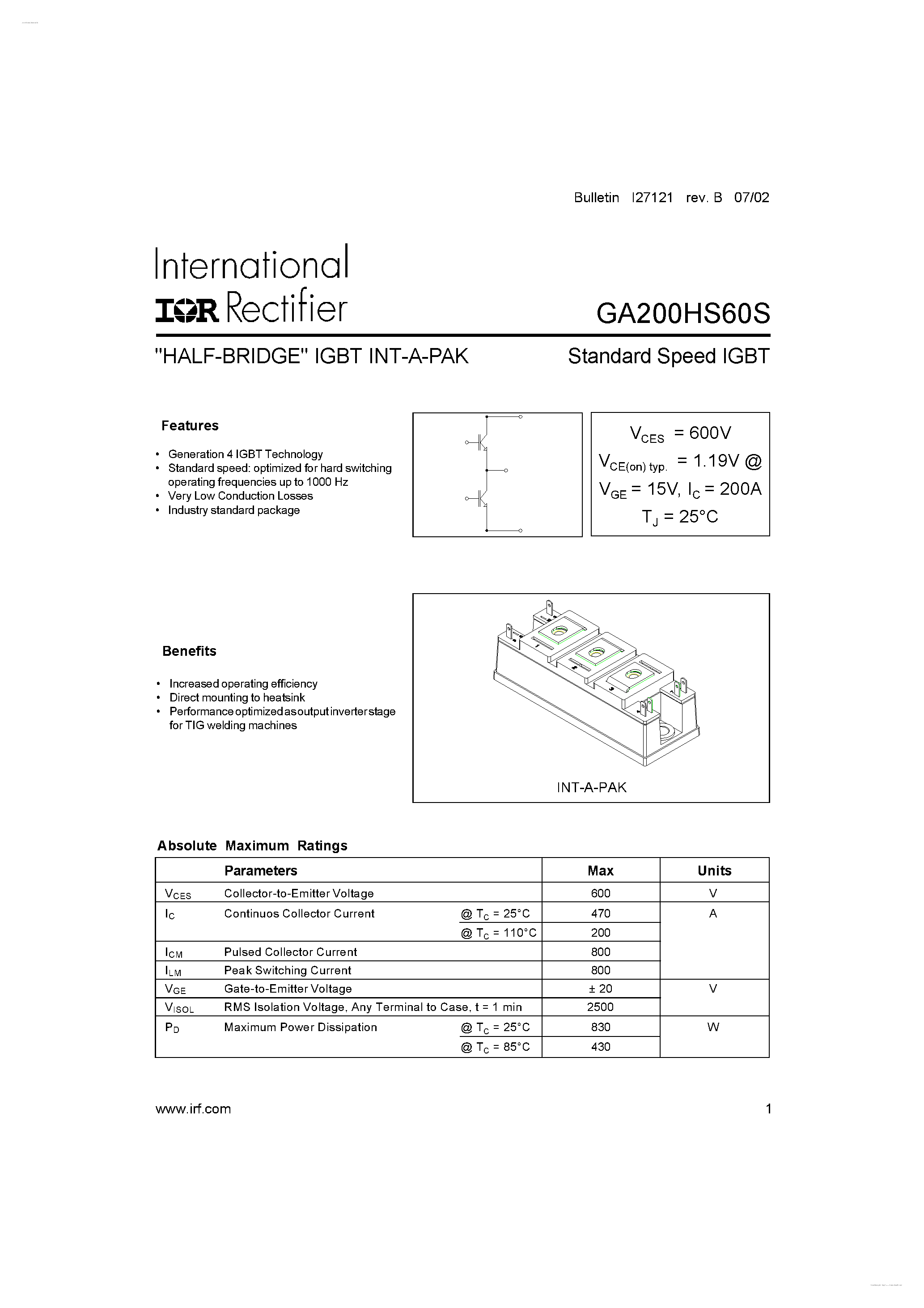 Даташит на микросхему GA200HS60S страница 1 Даташит GA200HS60S - Standard Speed IGBT страница 1