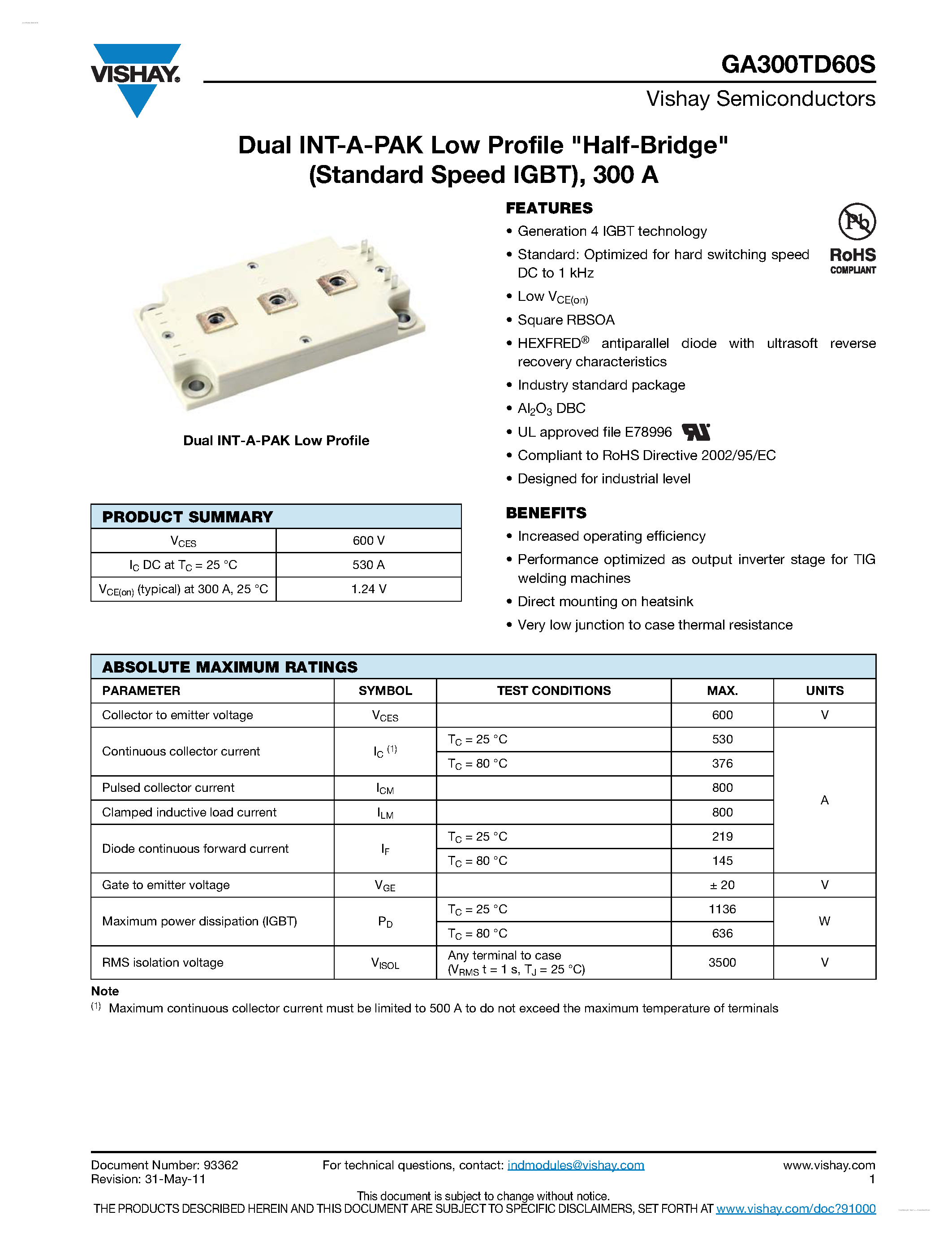 Даташит GA300TD60S - Standard Speed IGBT страница 1