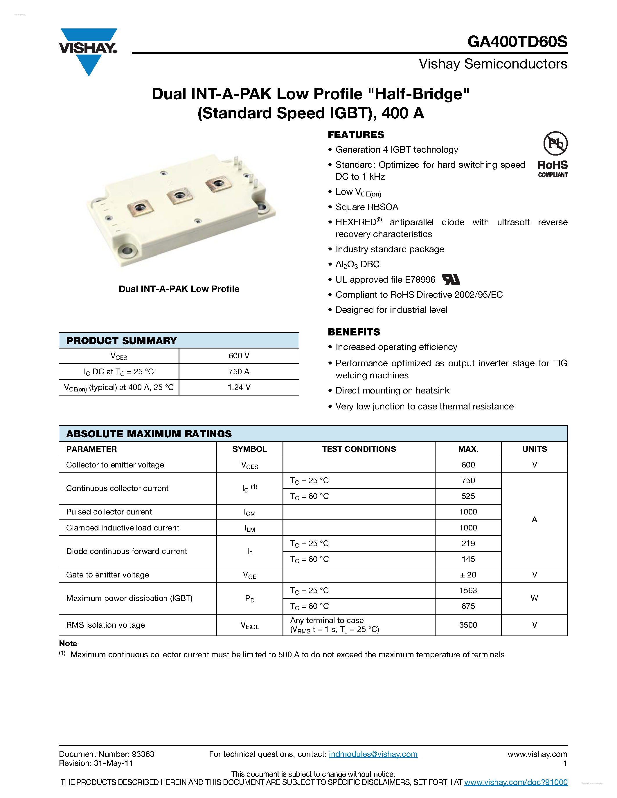 Даташит GA400TD60S - Standard Speed IGBT страница 1