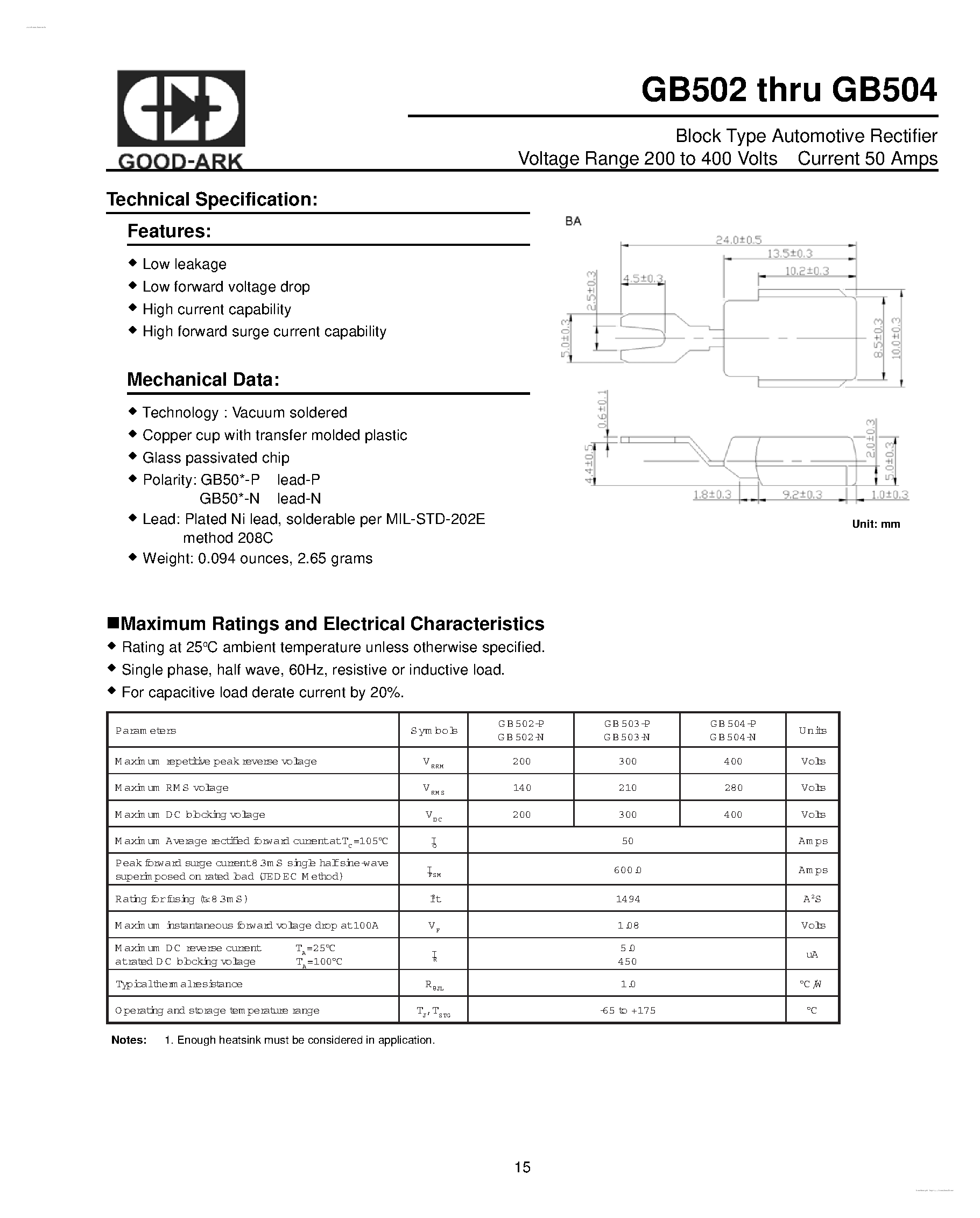 Datasheet GB502 page 1 Datasheet GB502 - (GB502 - GB504) Block Type Automotive Rectifier page 1