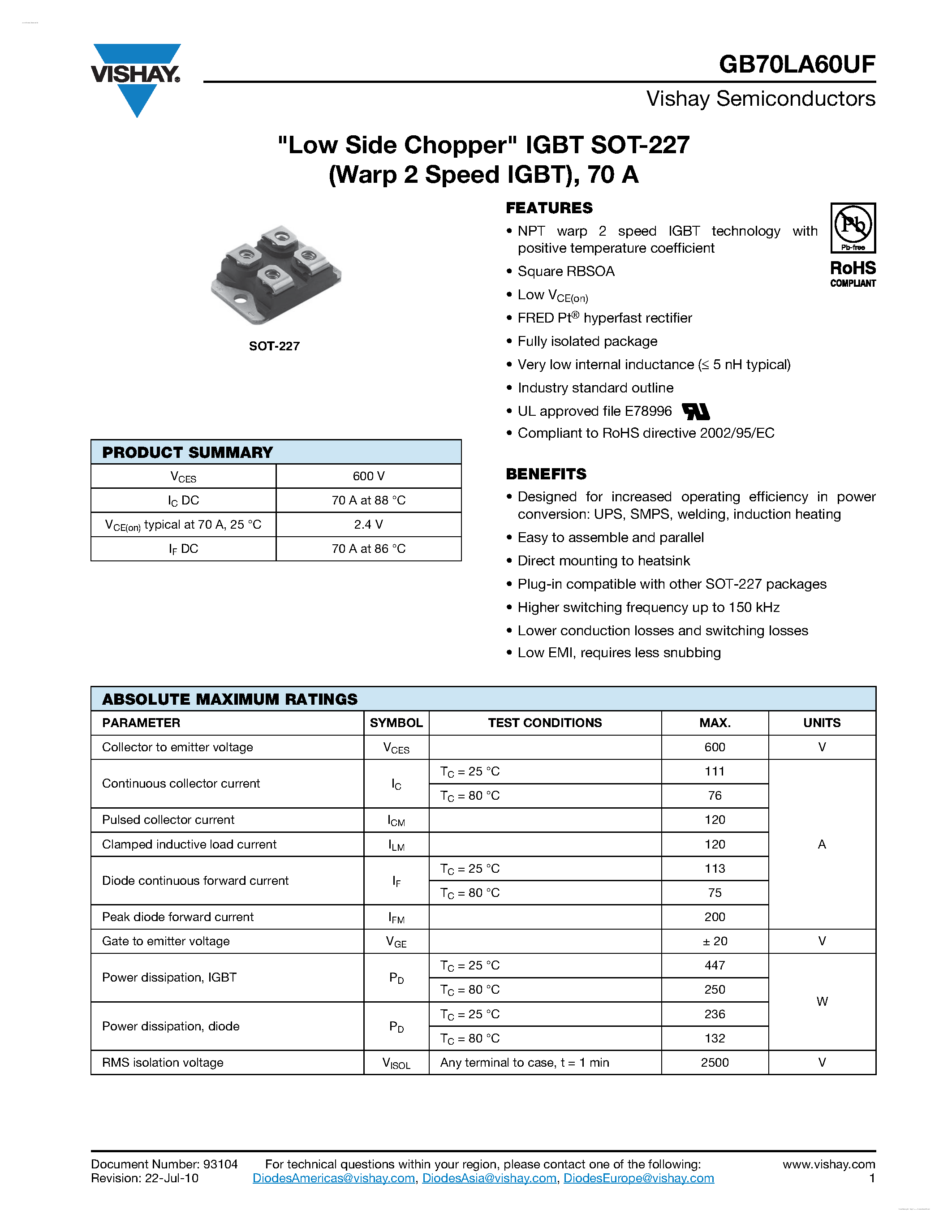 Даташит на микросхему GB70LA60UF страница 1 Даташит GB70LA60UF - Warp 2 Speed IGBT страница 1