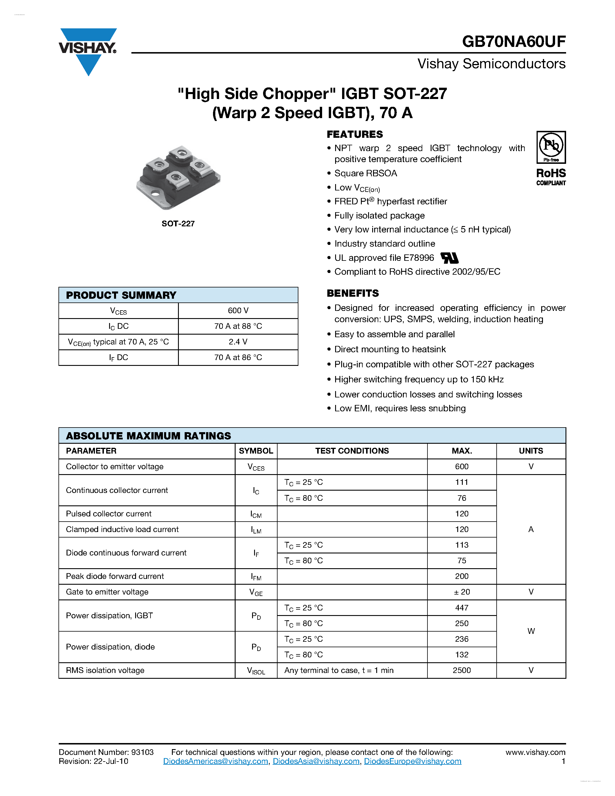 Даташит GB70NA60UF - Warp 2 Speed IGBT страница 1