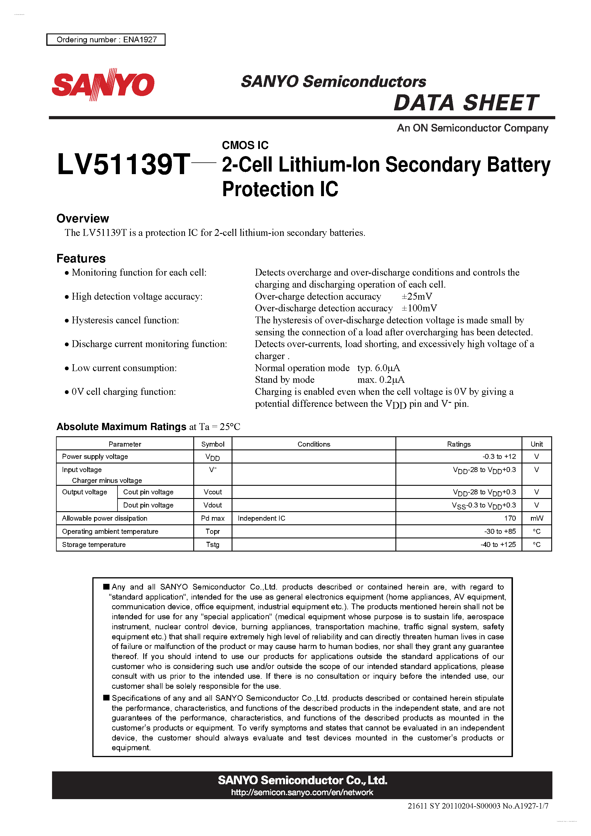 Даташит LV51139T - 2-Cell Lithium-Ion Secondary Battery Protection IC страница 1