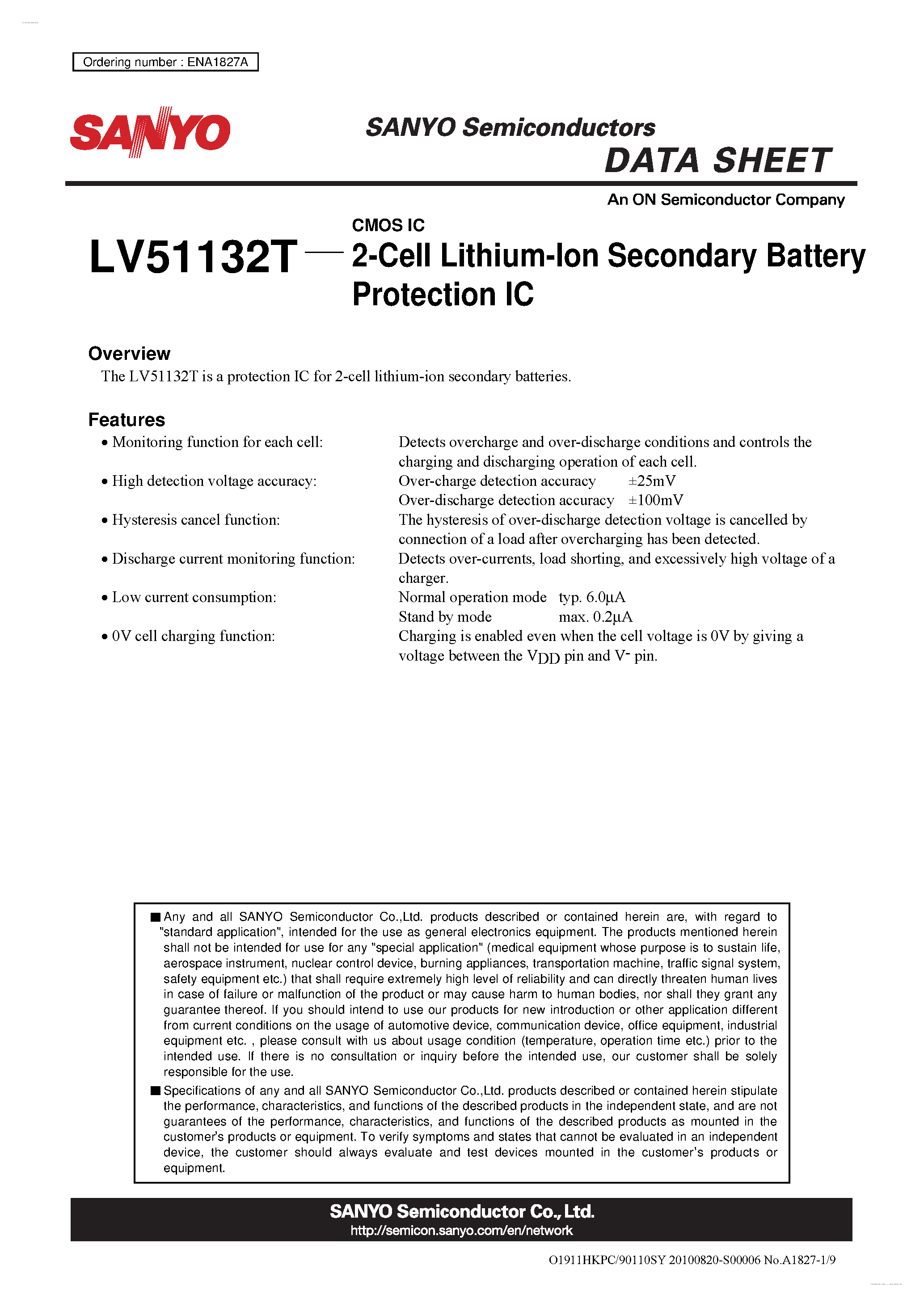 Даташит LV51132T - 2-Cell Lithium-Ion Secondary Battery Protection IC страница 1
