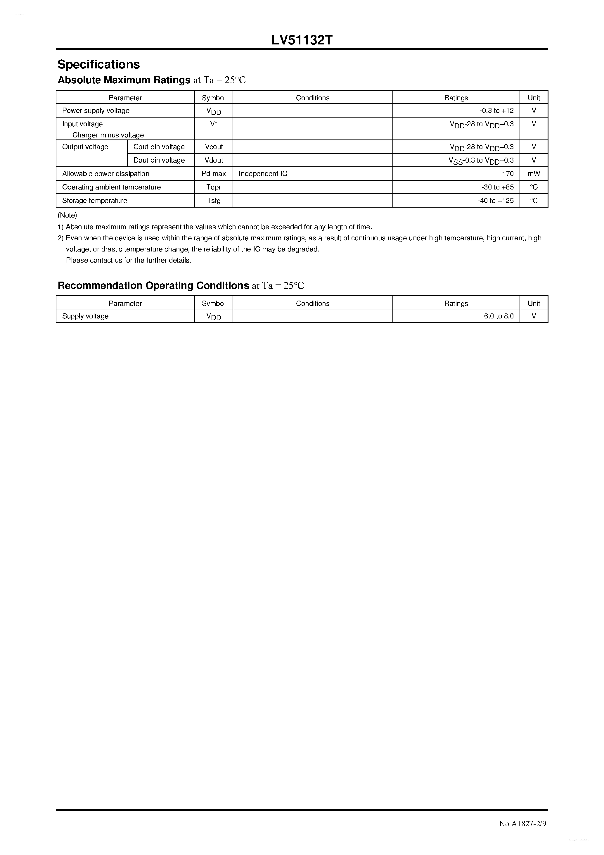 Даташит LV51132T - 2-Cell Lithium-Ion Secondary Battery Protection IC страница 2