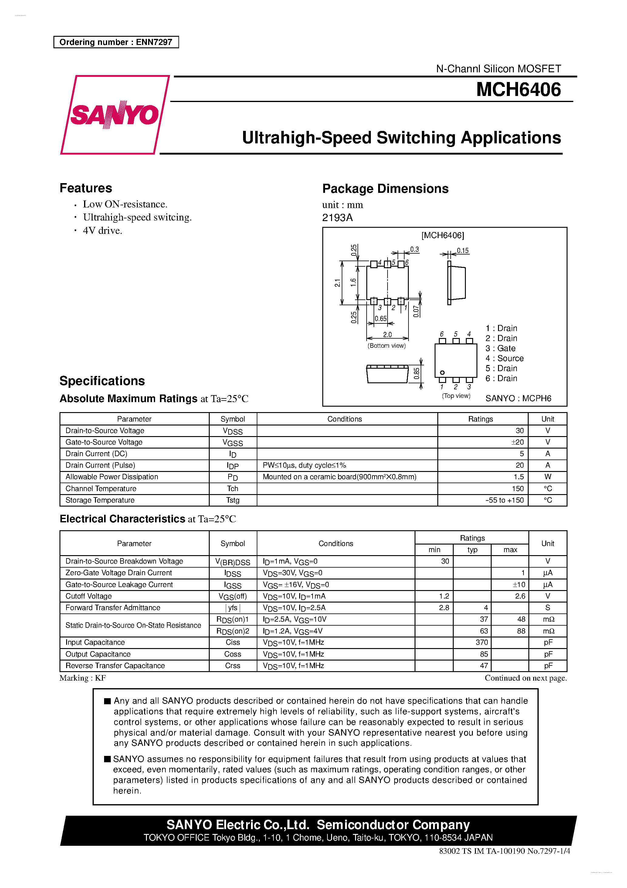 Datasheet MCH6406 page 1 Datasheet MCH6406 - Ultrahigh-Speed Switching Applications page 1