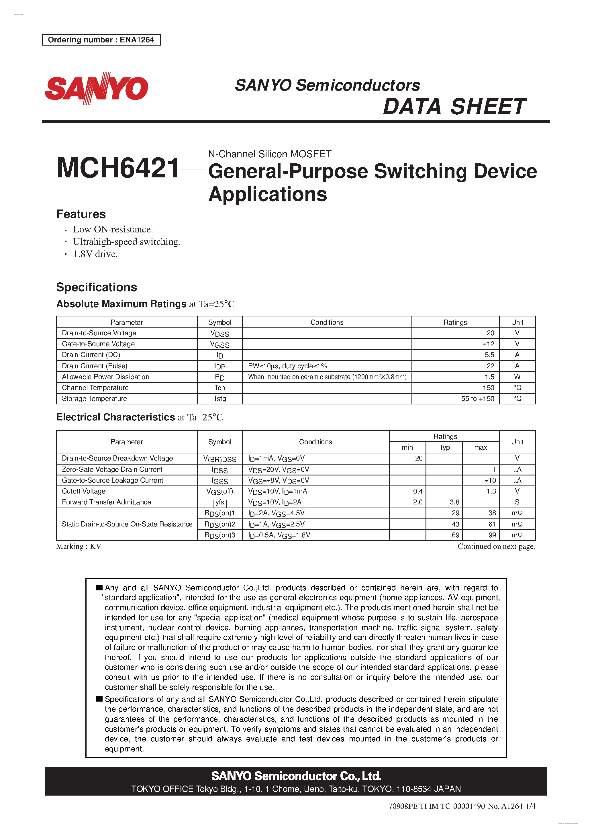 Datasheet MCH6421 - N-Channel Silicon MOSFET page 1