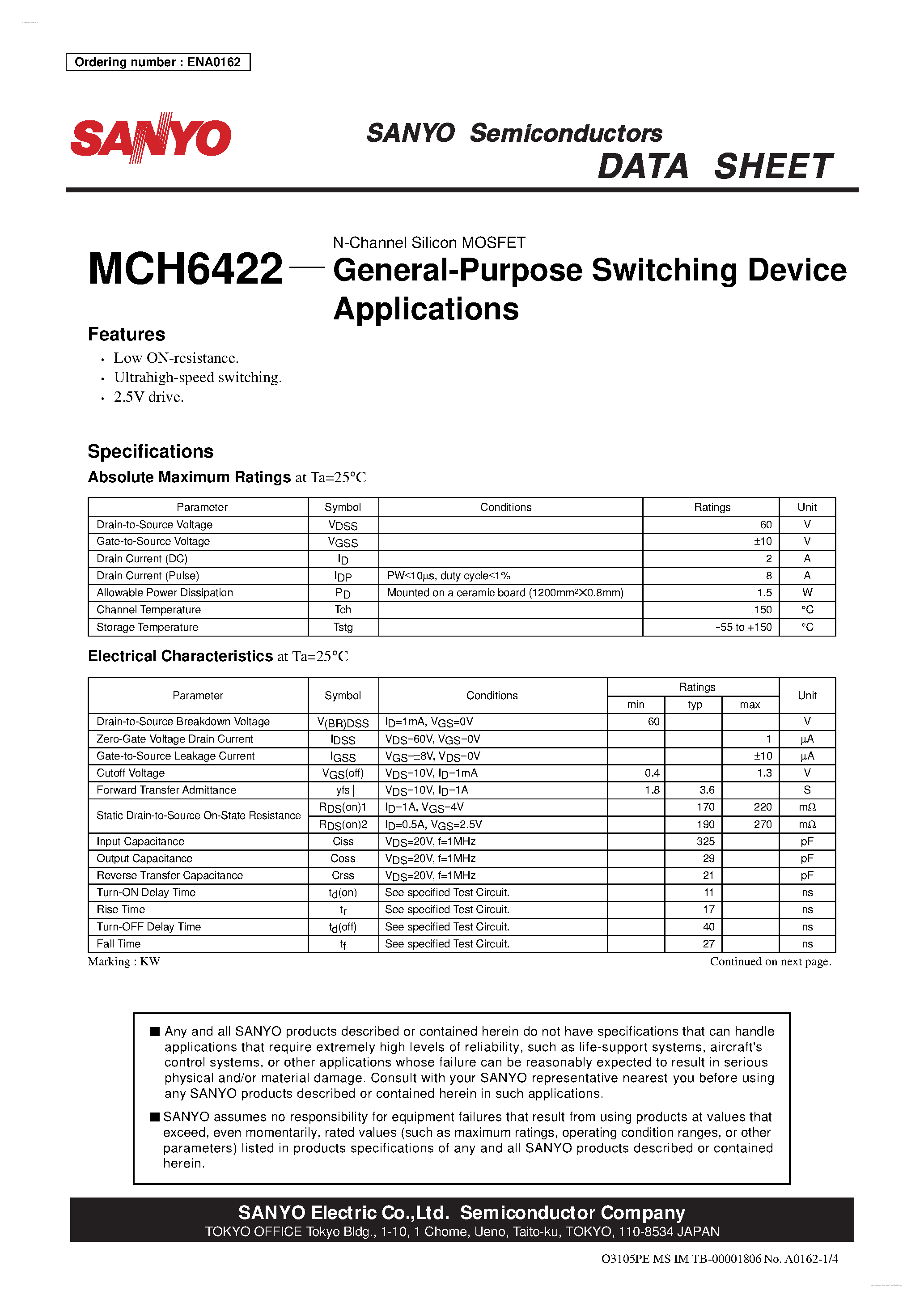 Datasheet MCH6422 - N-Channel Silicon MOSFET page 1