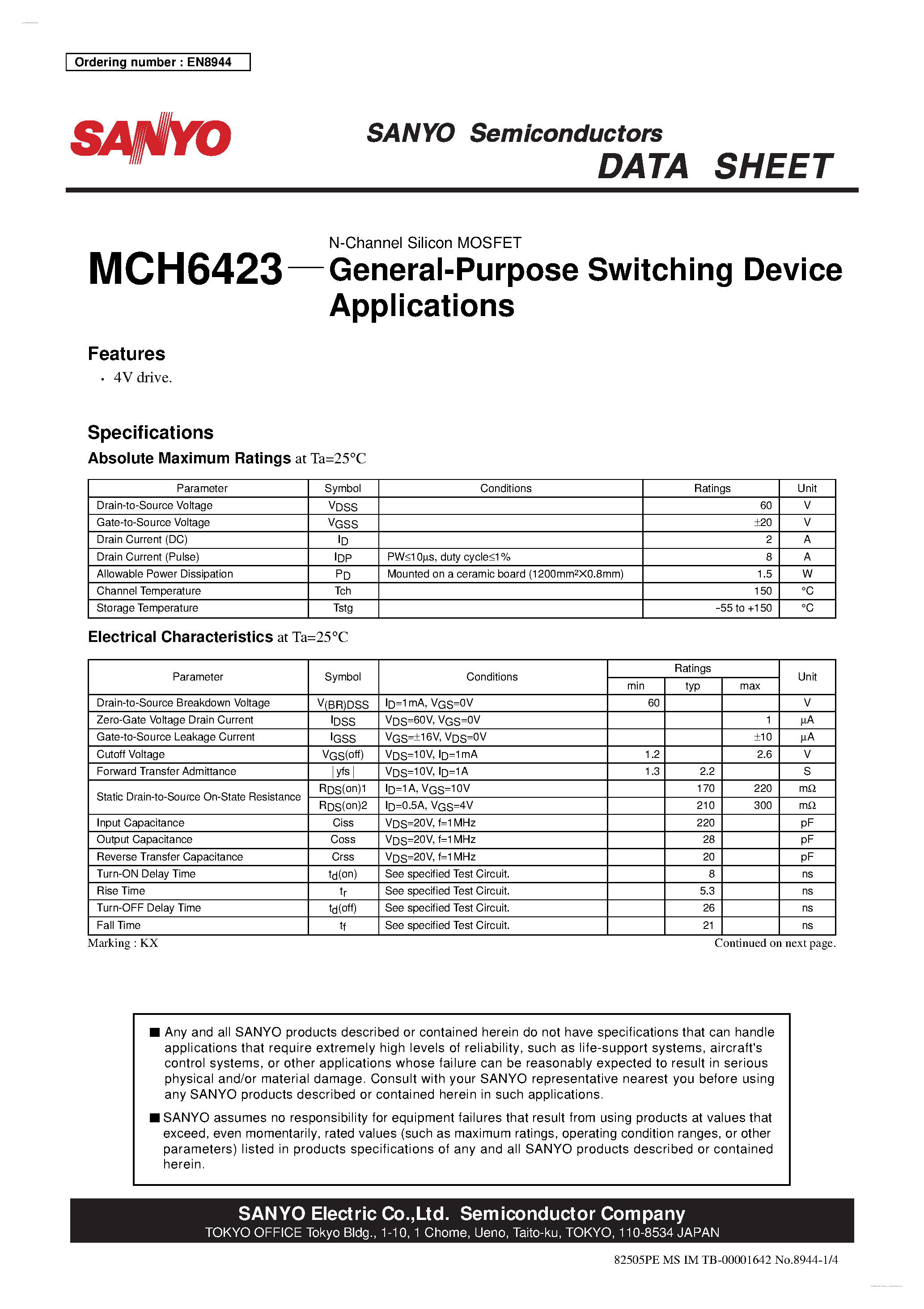 Datasheet MCH6423 - N-Channel Silicon MOSFET page 1