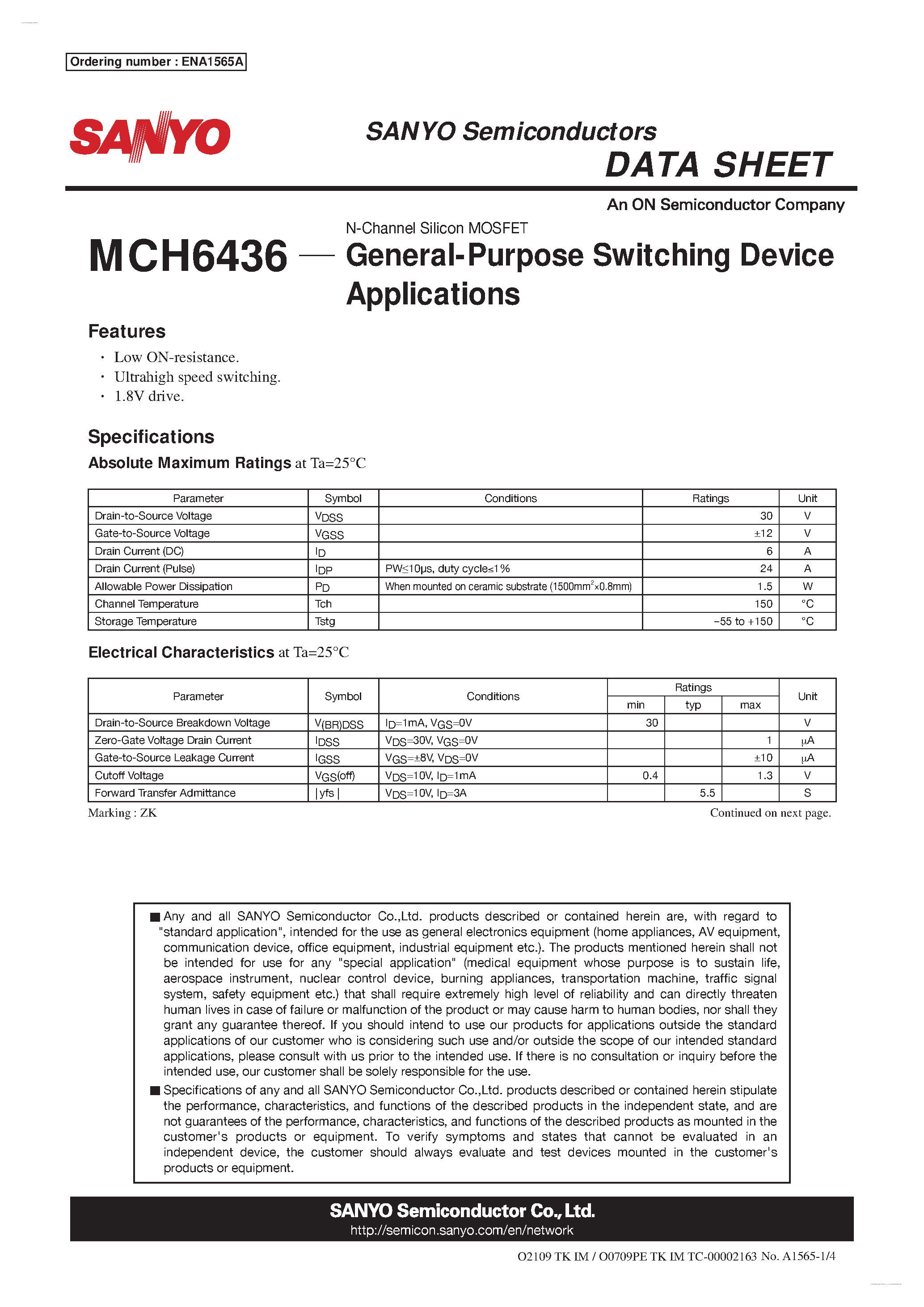 Datasheet MCH6436 - N-Channel Silicon MOSFET page 1