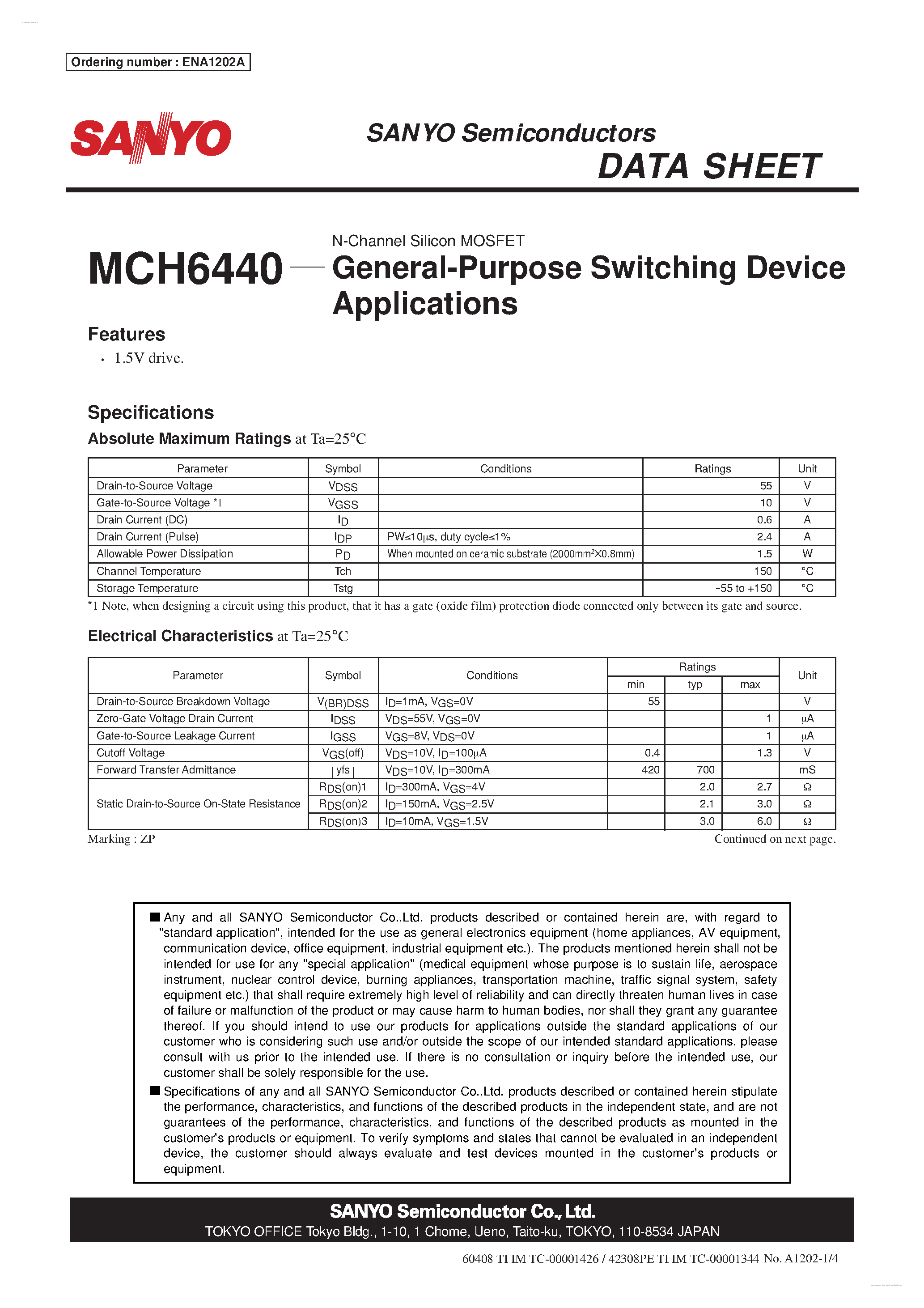 Datasheet MCH6440 - N-Channel Silicon MOSFET page 1