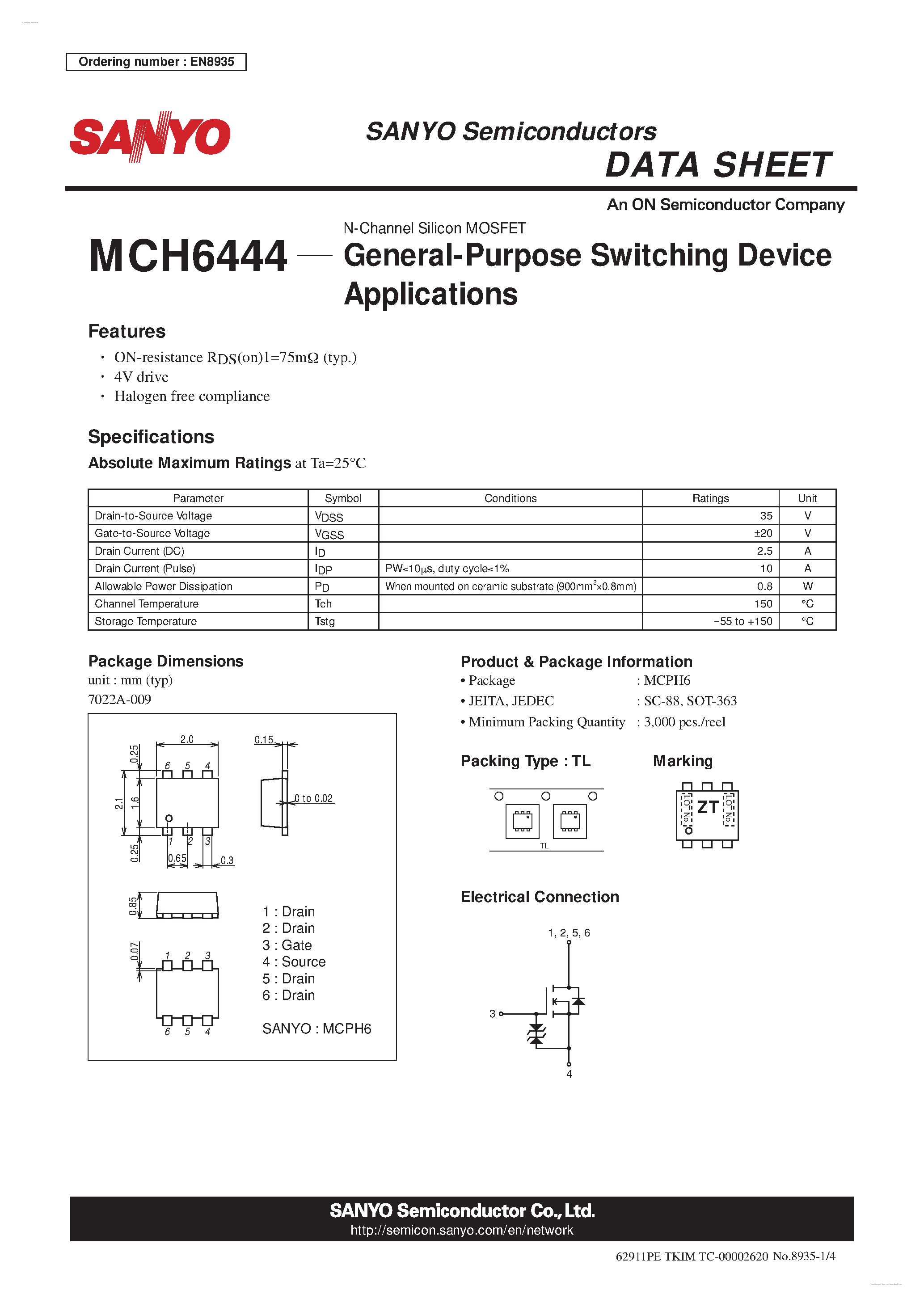 Datasheet MCH6444 - N-Channel Silicon MOSFET page 1