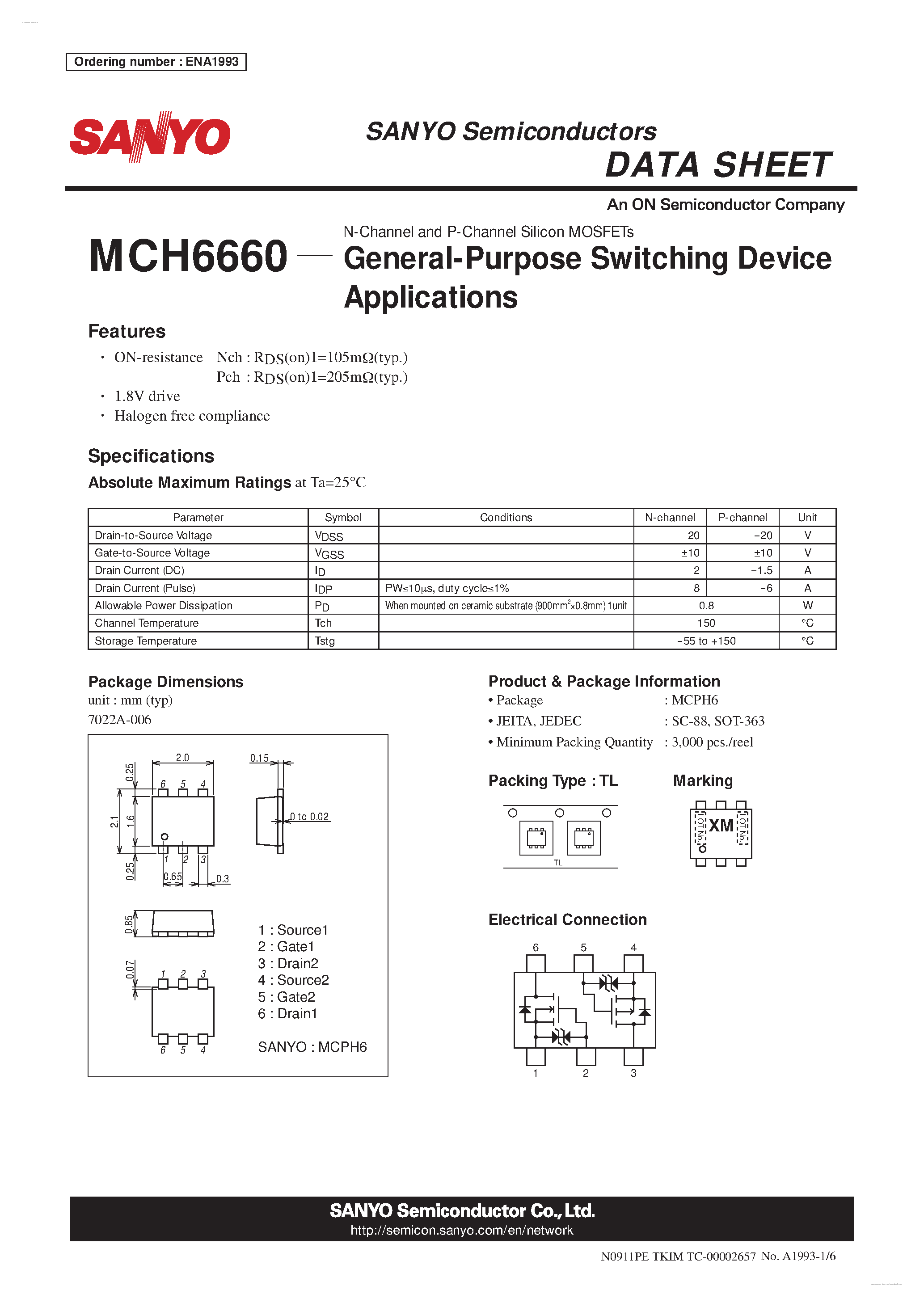Даташит MCH6660 - N-Channel and P-Channel Silicon MOSFETs страница 1
