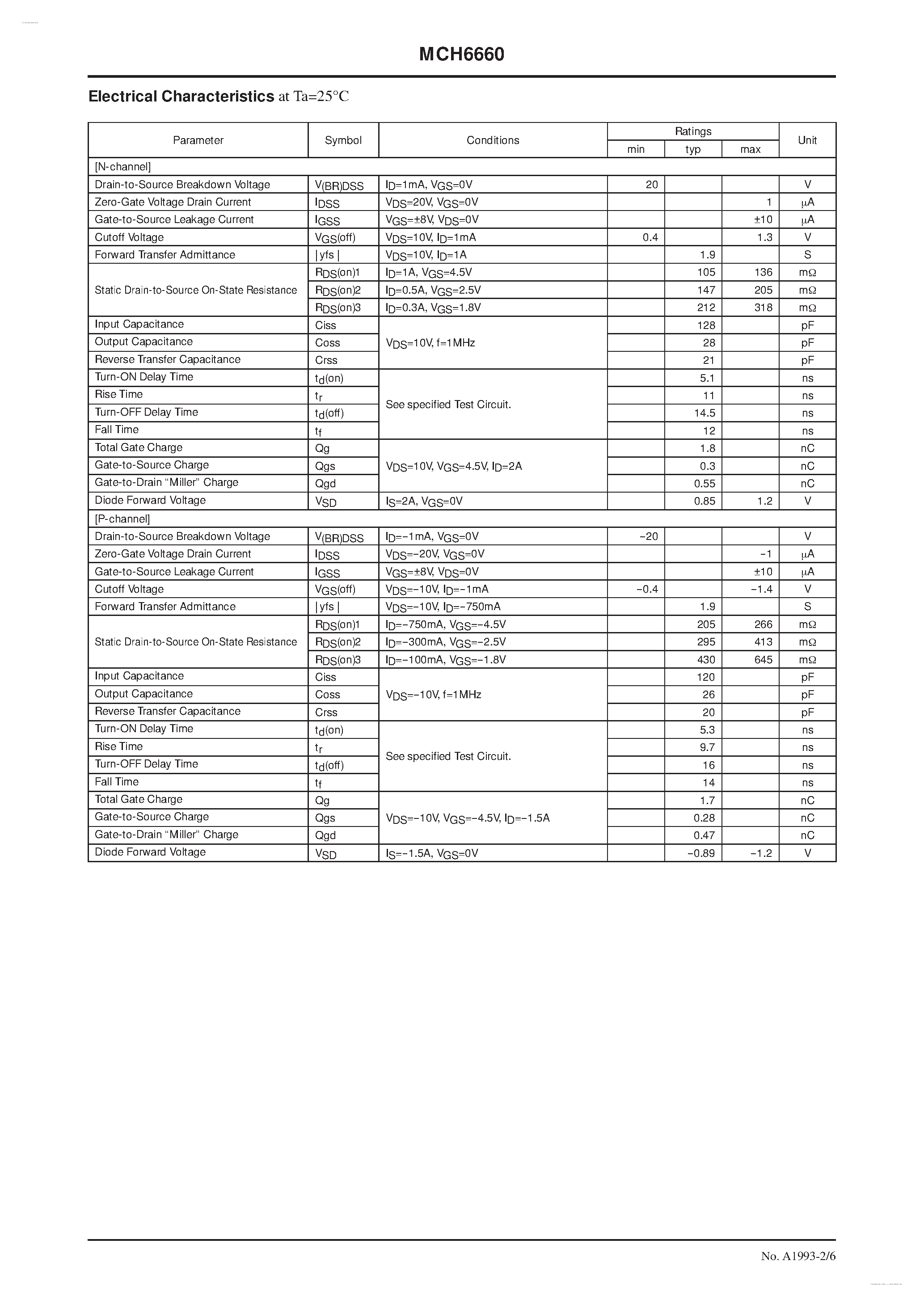 Даташит MCH6660 - N-Channel and P-Channel Silicon MOSFETs страница 2