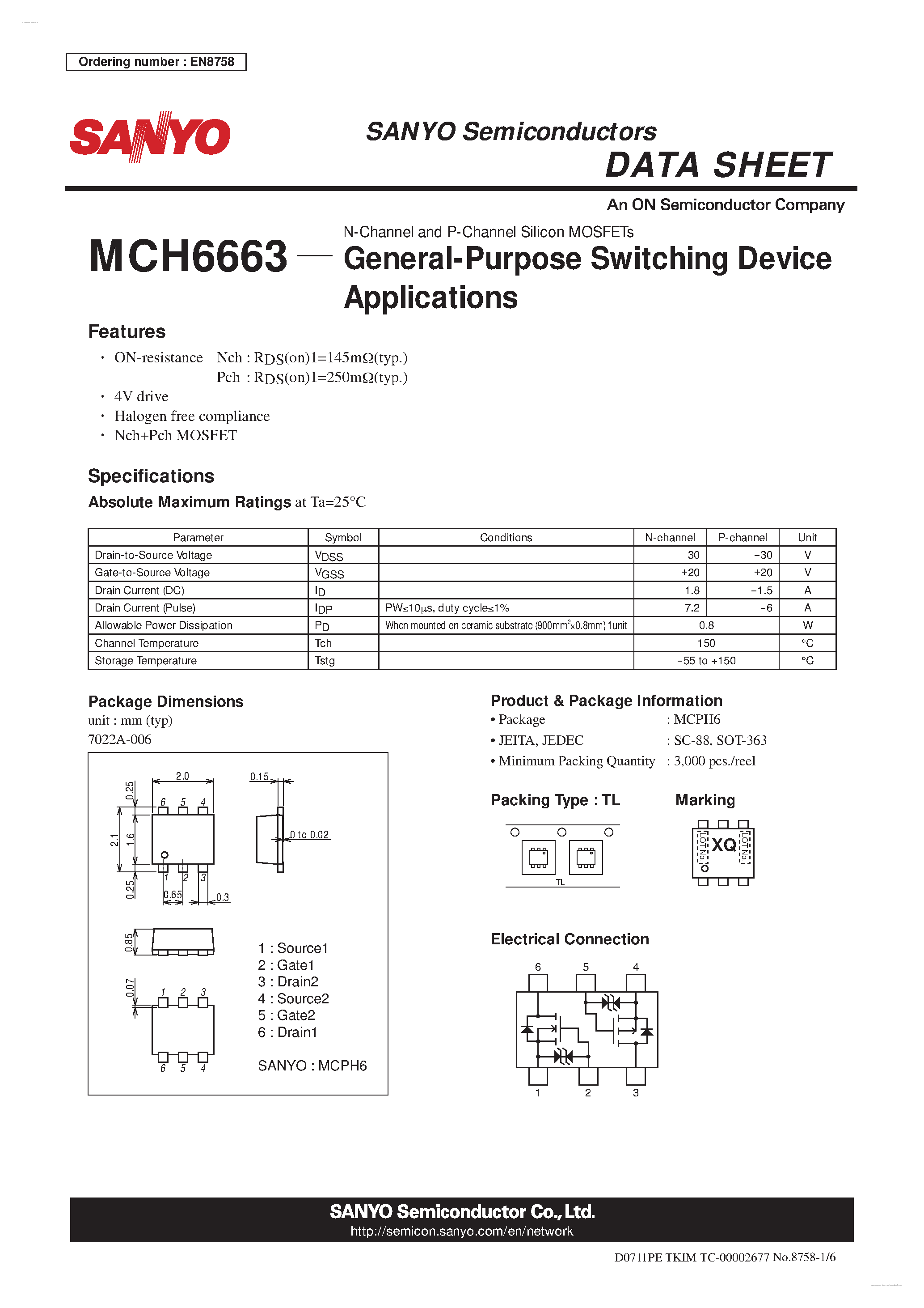 Даташит MCH6663 - N-Channel and P-Channel Silicon MOSFETs страница 1