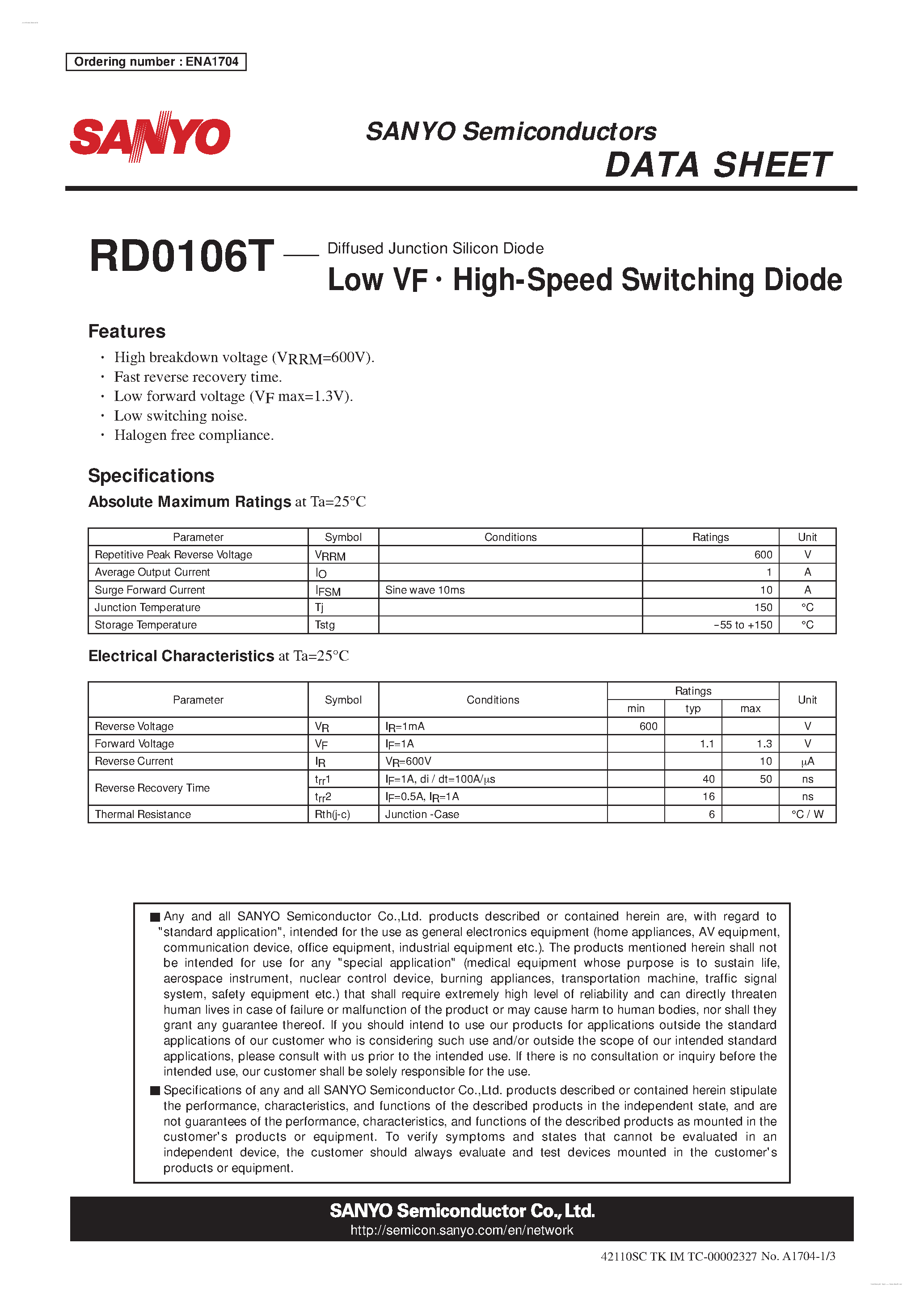 Datasheet RD0106T - High-Speed Switching Diode page 1