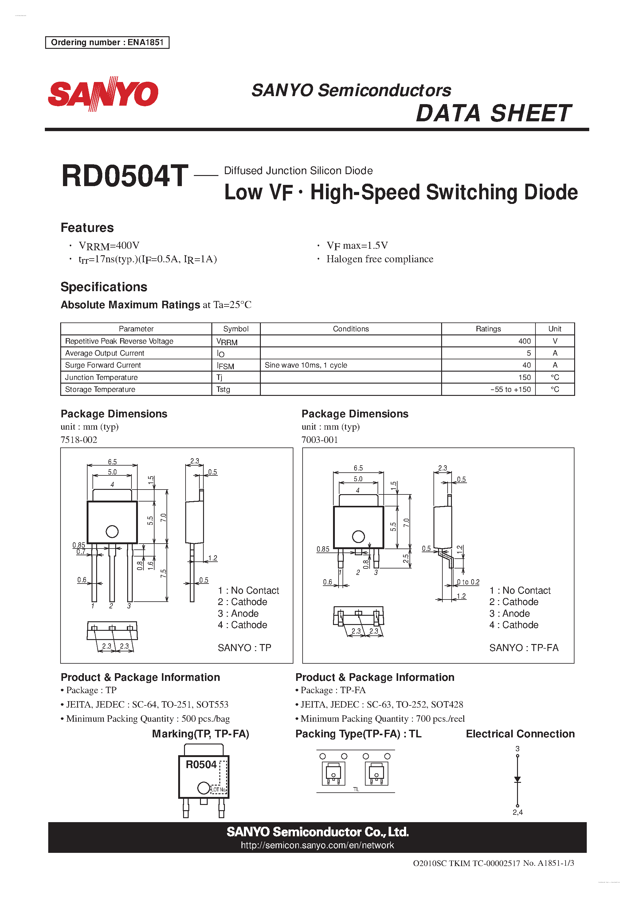 Datasheet RD0504T page 1 Datasheet RD0504T - High-Speed Switching Diode page 1