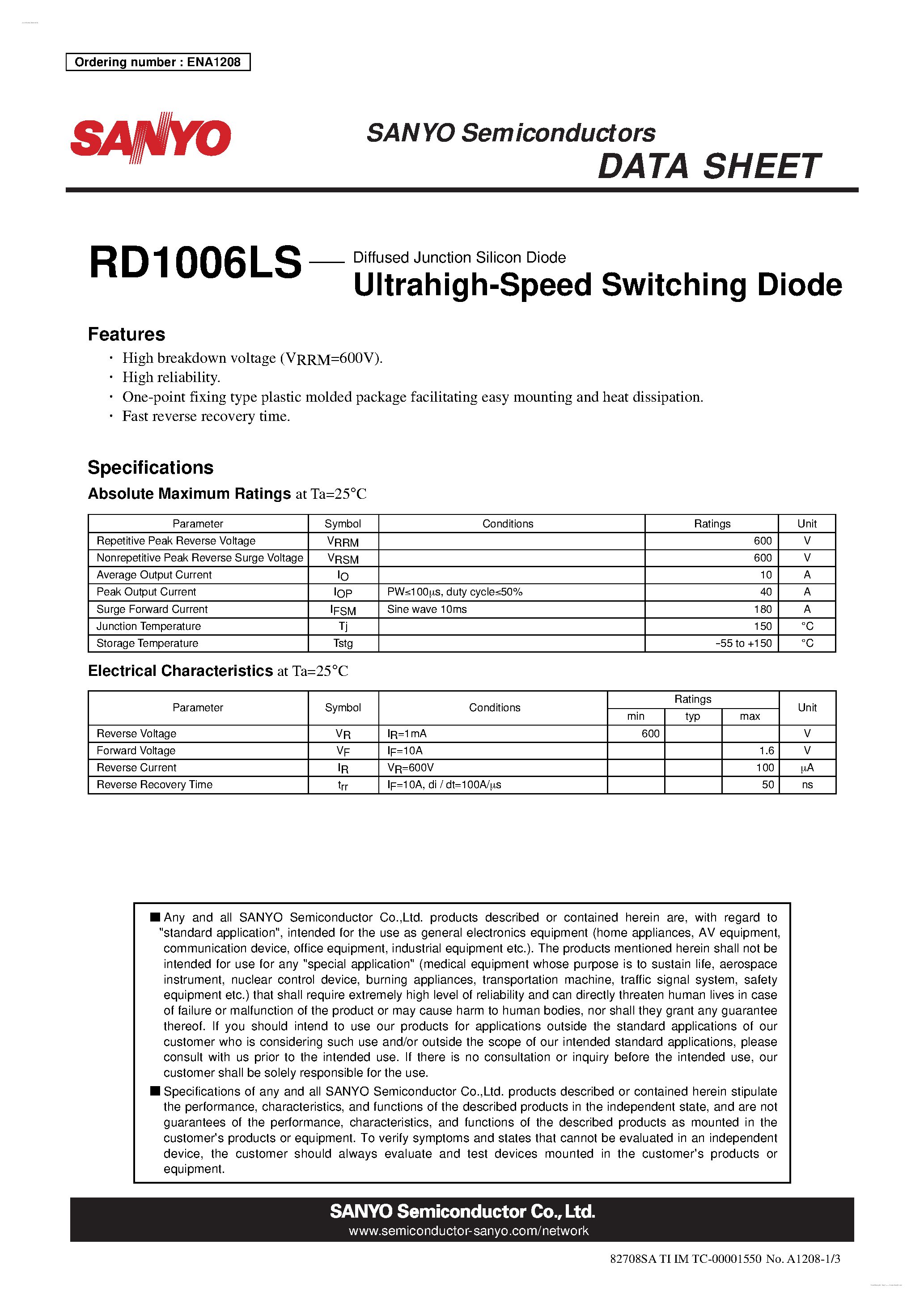 Datasheet RD1006LS page 1 Datasheet RD1006LS - Ultrahigh-Speed Switching Diode page 1