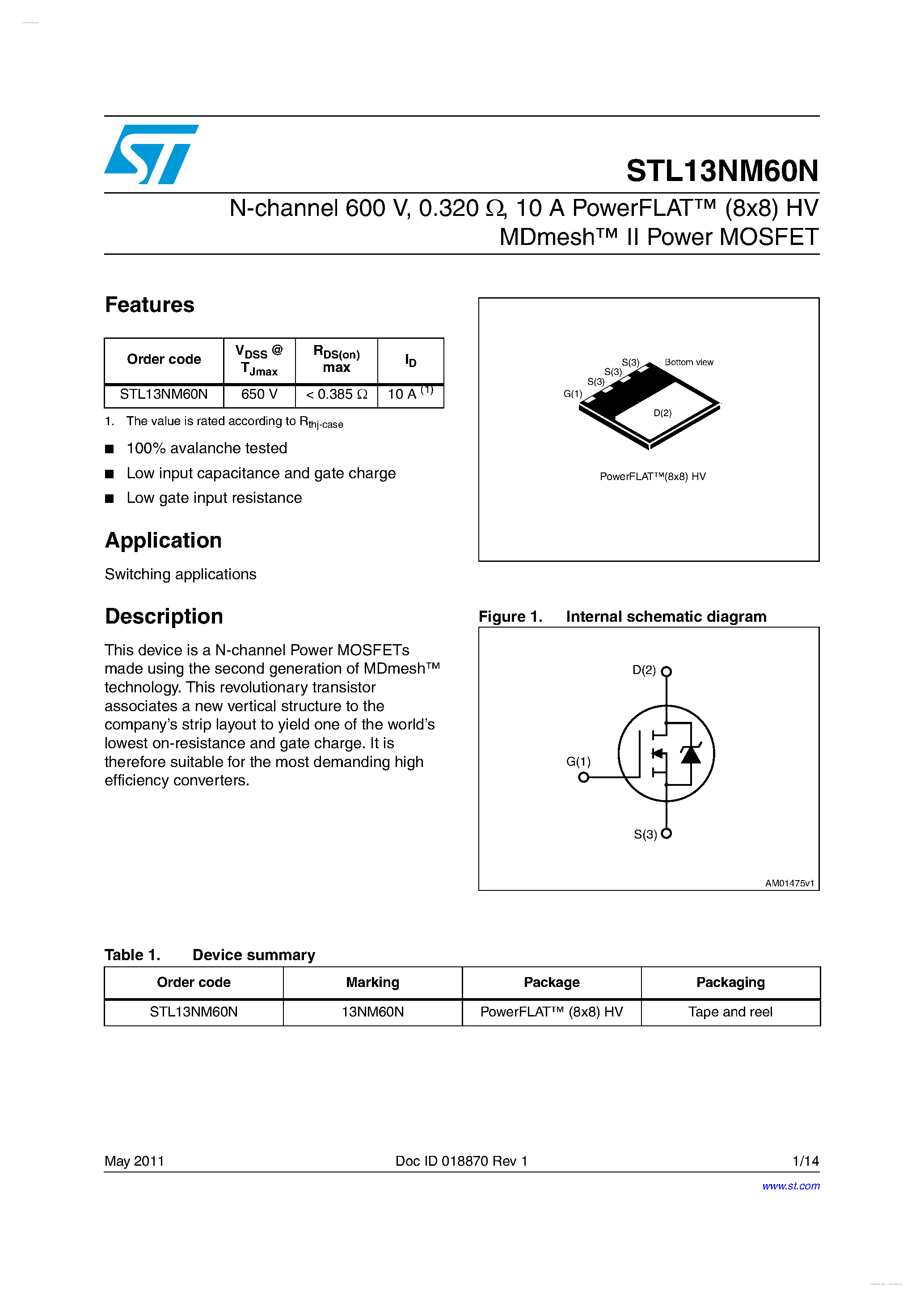 Datasheet STL13NM60N - N-channel Power MOSFET page 1