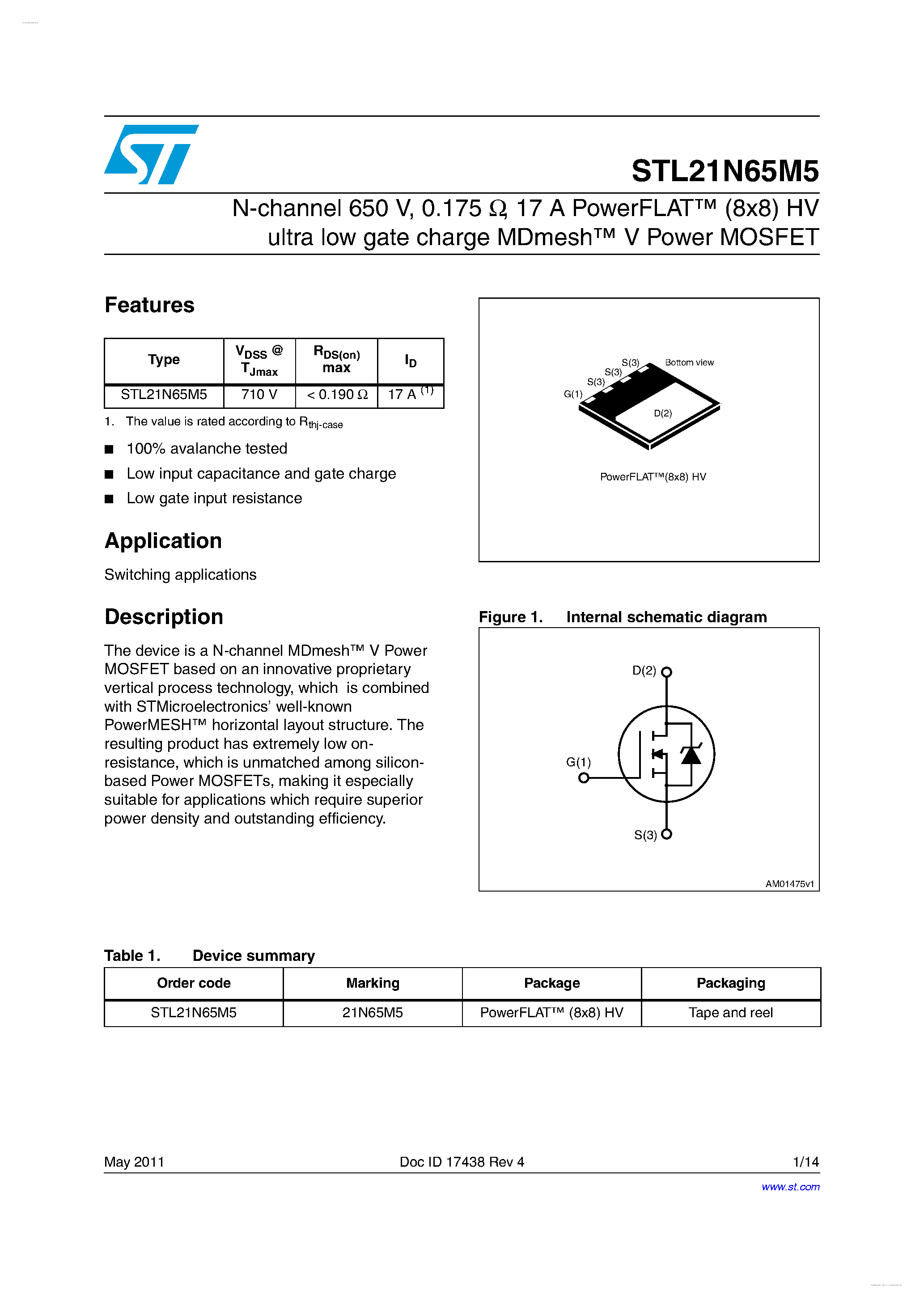 Datasheet STL21N65M5 - N-channel Power MOSFET page 1
