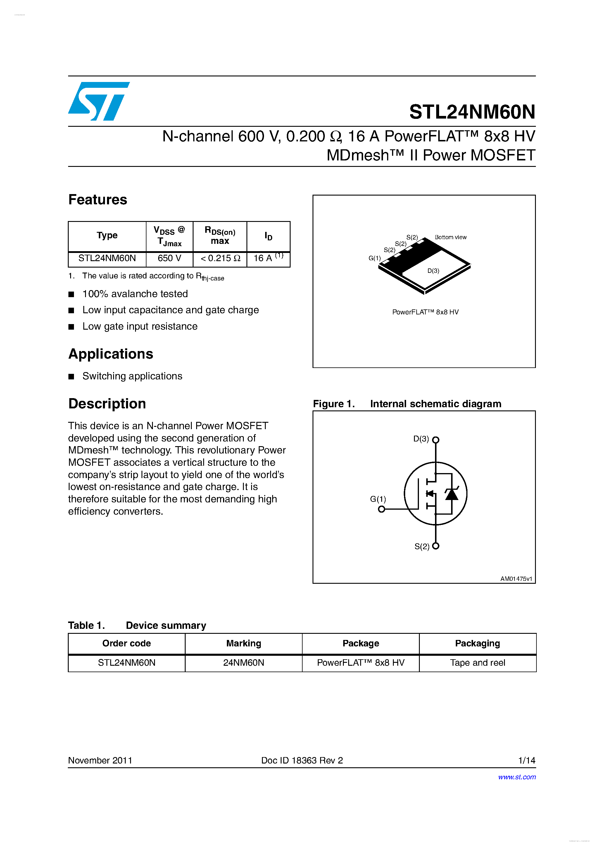 Datasheet STL24NM60N - N-channel Power MOSFET page 1